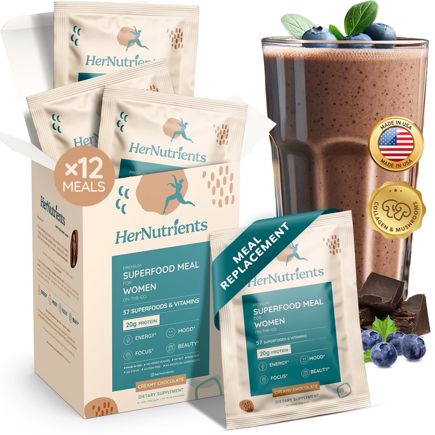 SuperFood Meal Replacement Protein Powder for Women - All-In-One Shake with Greens, Vitamins & Collagen | Chocolate Flavor, No Added Sugar | Supports Women's Health, Energy, Focus & Beauty | Perfect for Breakfast, Post-Workout or Healthy Snack (1 Sample Packet, Chocolate)