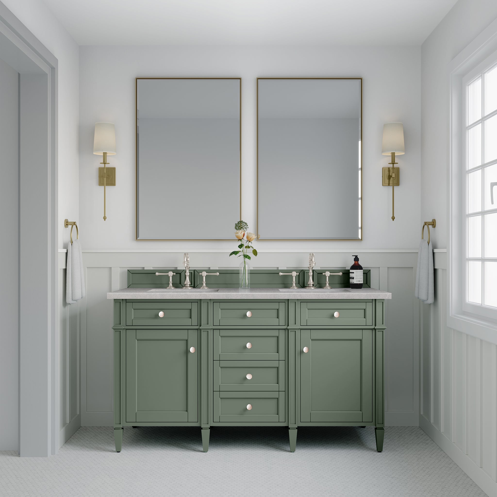 Brittany 60-Inch Double Bathroom Vanity in Smokey Celadon with 3CM Eternal Serena Quartz Top - Perfect for Master Bathroom Renovations & Luxury Home Upgrades