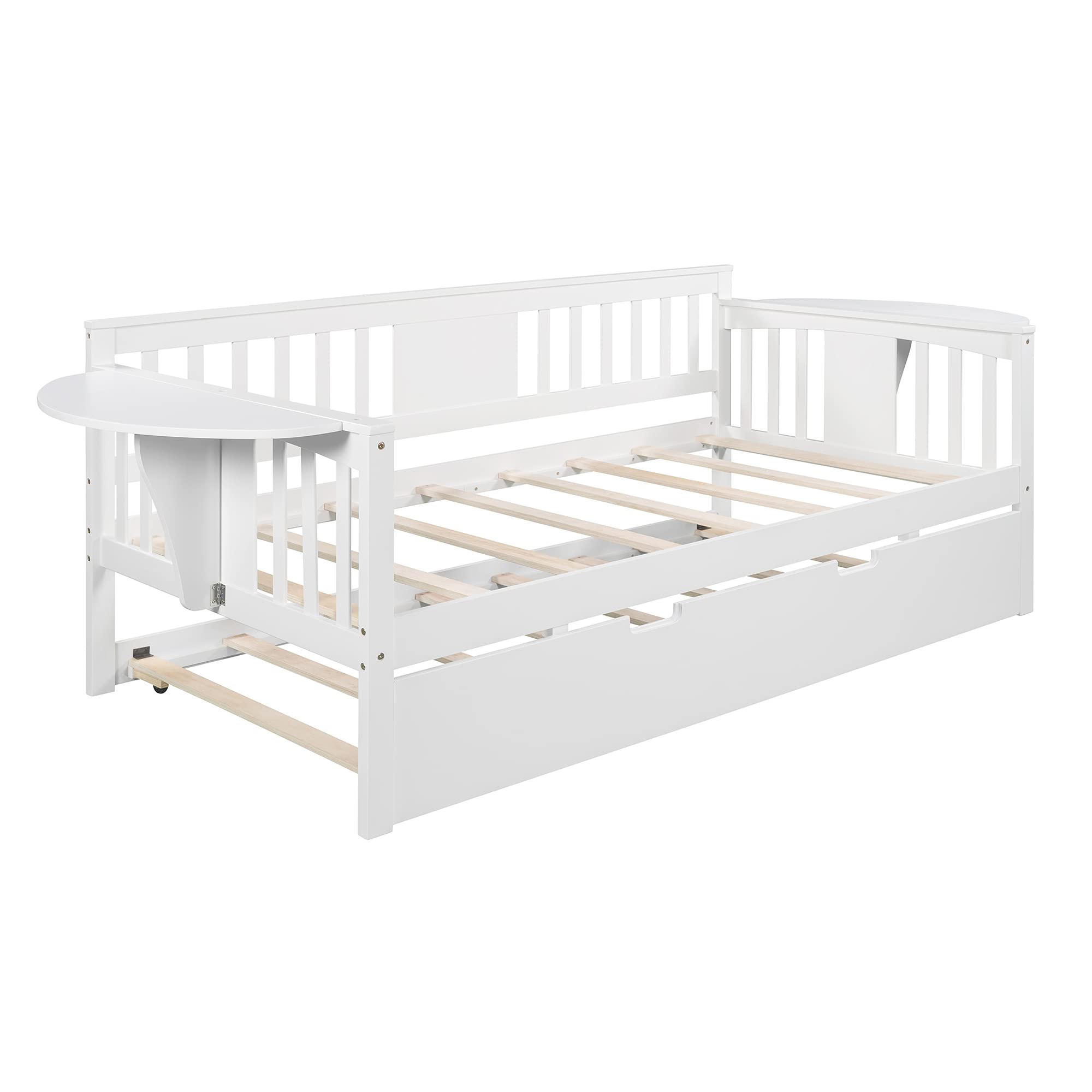 Solid Wood Twin Daybed with Trundle Bed - White Wooden Daybed Frame with Side Tables - Convertible Sofa Bed for Bedroom, Living Room & Guest Room - Perfect for Small Spaces, Sleepovers and Multi-Purpose Use