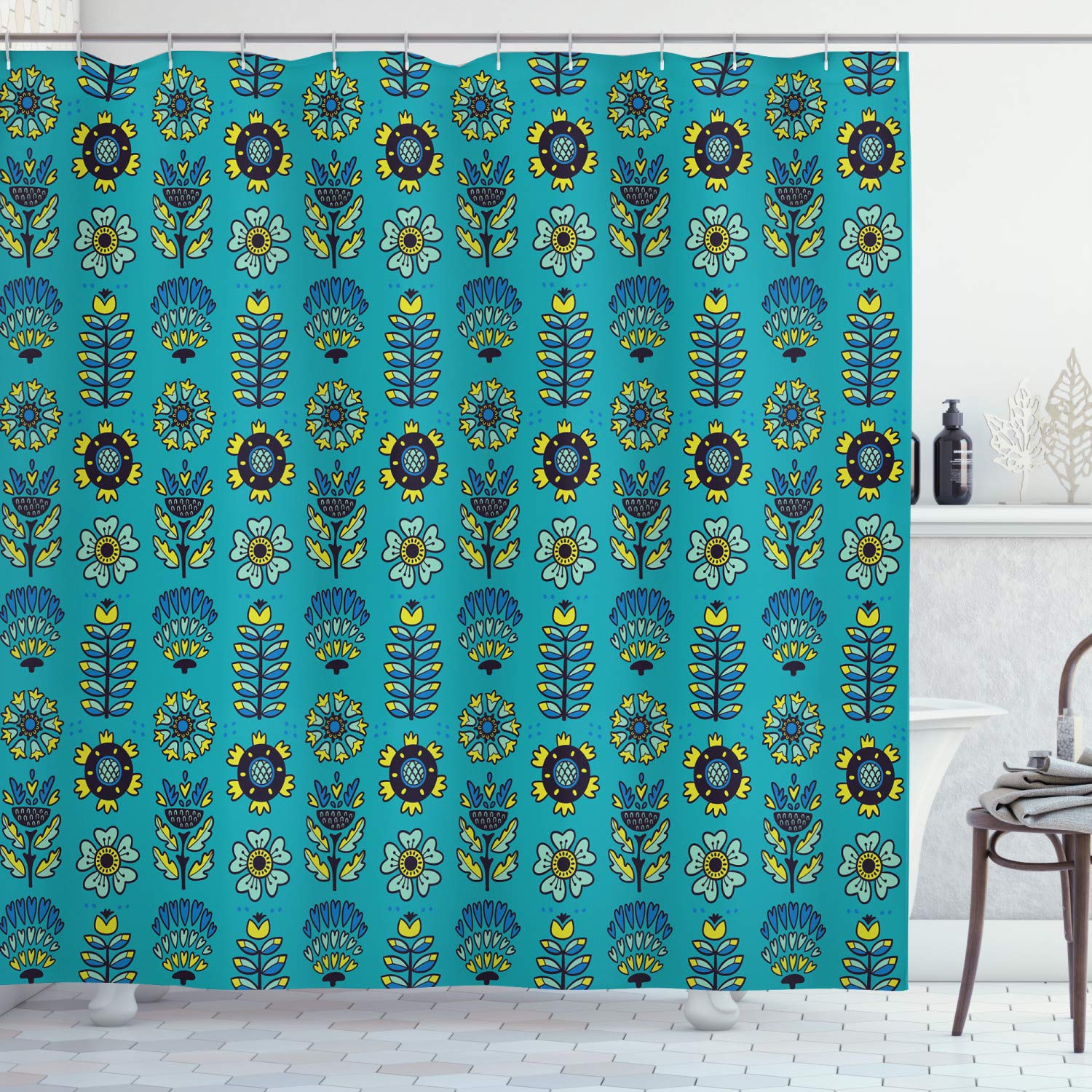 Ambesonne Abstract Shower Curtain - Folklore Inspired Floral Botanical Design, 69x70 Inch Fabric Bathroom Decor with Hooks, Sea Blue & Multicolor - Perfect for Boho, Vintage & Modern Bathrooms