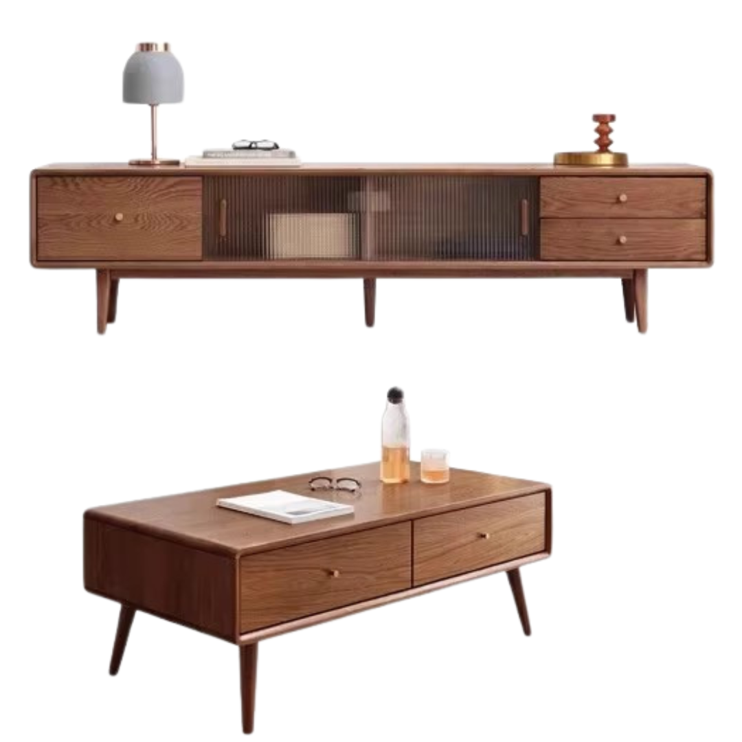 Solid Oak Wood TV Stand with Glass Sliding Doors - Modern Entertainment Center for Living Room, Bedroom & Home Theater