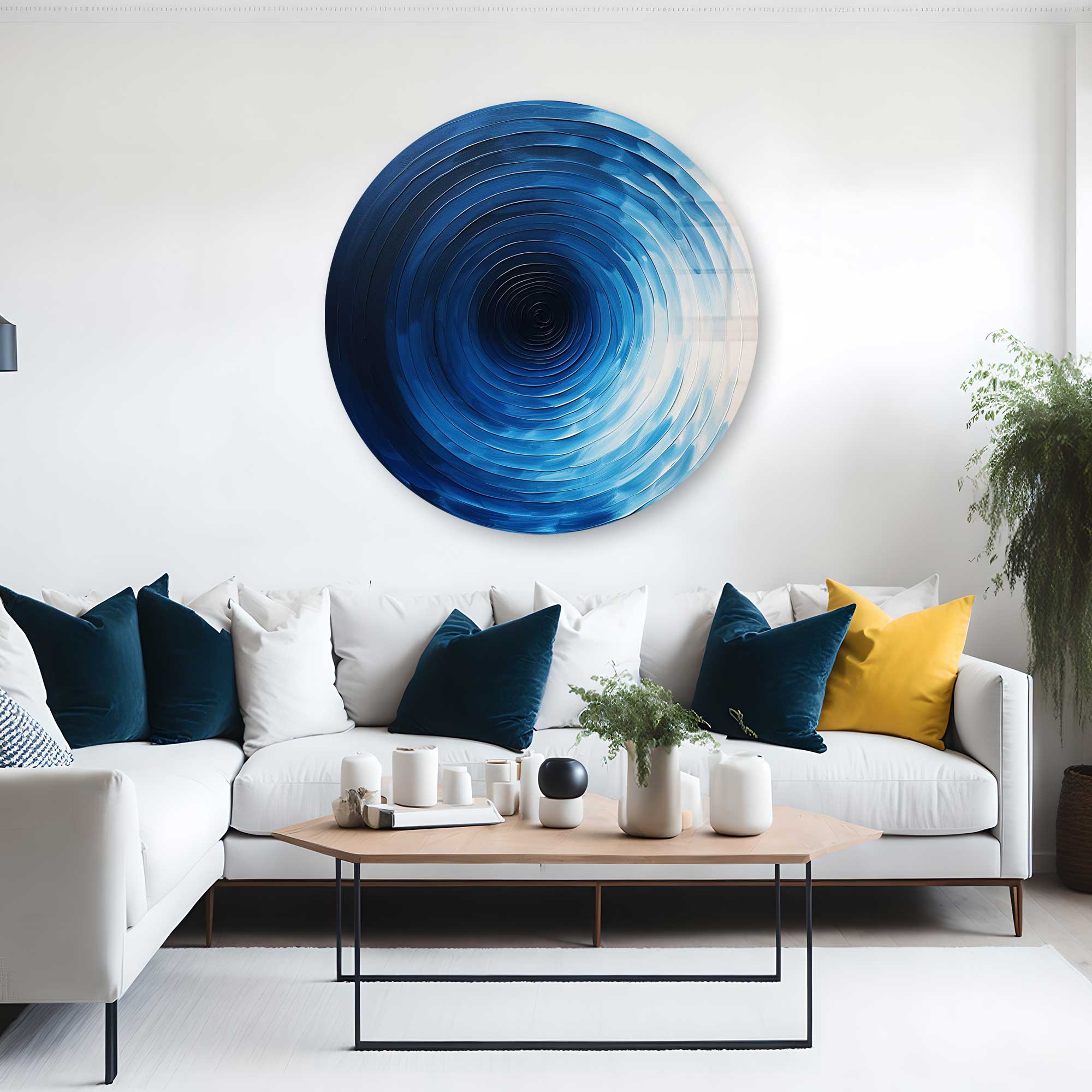 Fifty Shades of Blue Rounded Glass Wall Art - Modern Abstract Home Decor for Living Room, Bedroom & Office