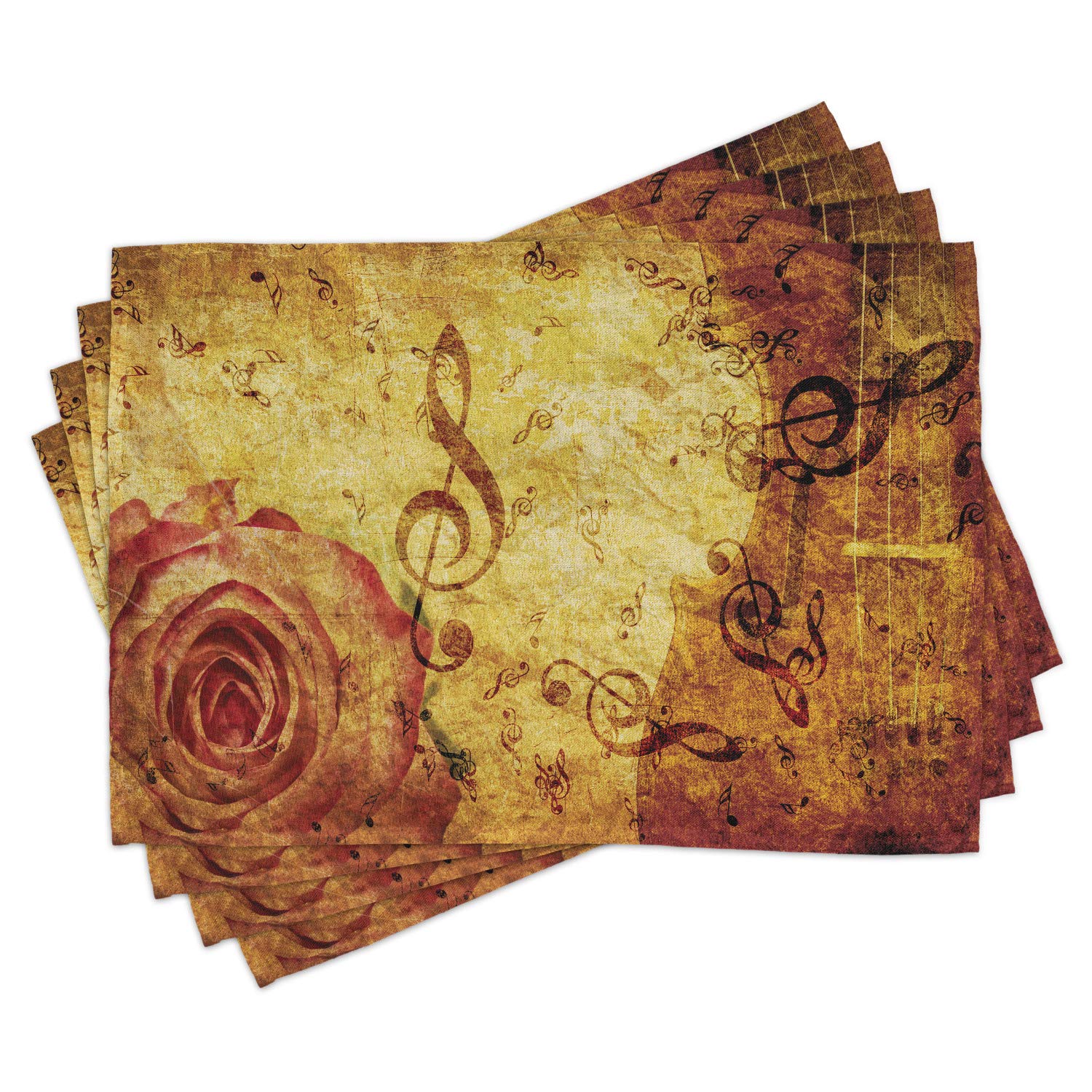 Ambesonne Vintage Rose Place Mats Set of 4 - Floral & Musical Note Design Washable Fabric Table Mats for Dining Room Kitchen Decor (Cream Red) - Perfect for Romantic Dinners, Tea Parties & Home Decor