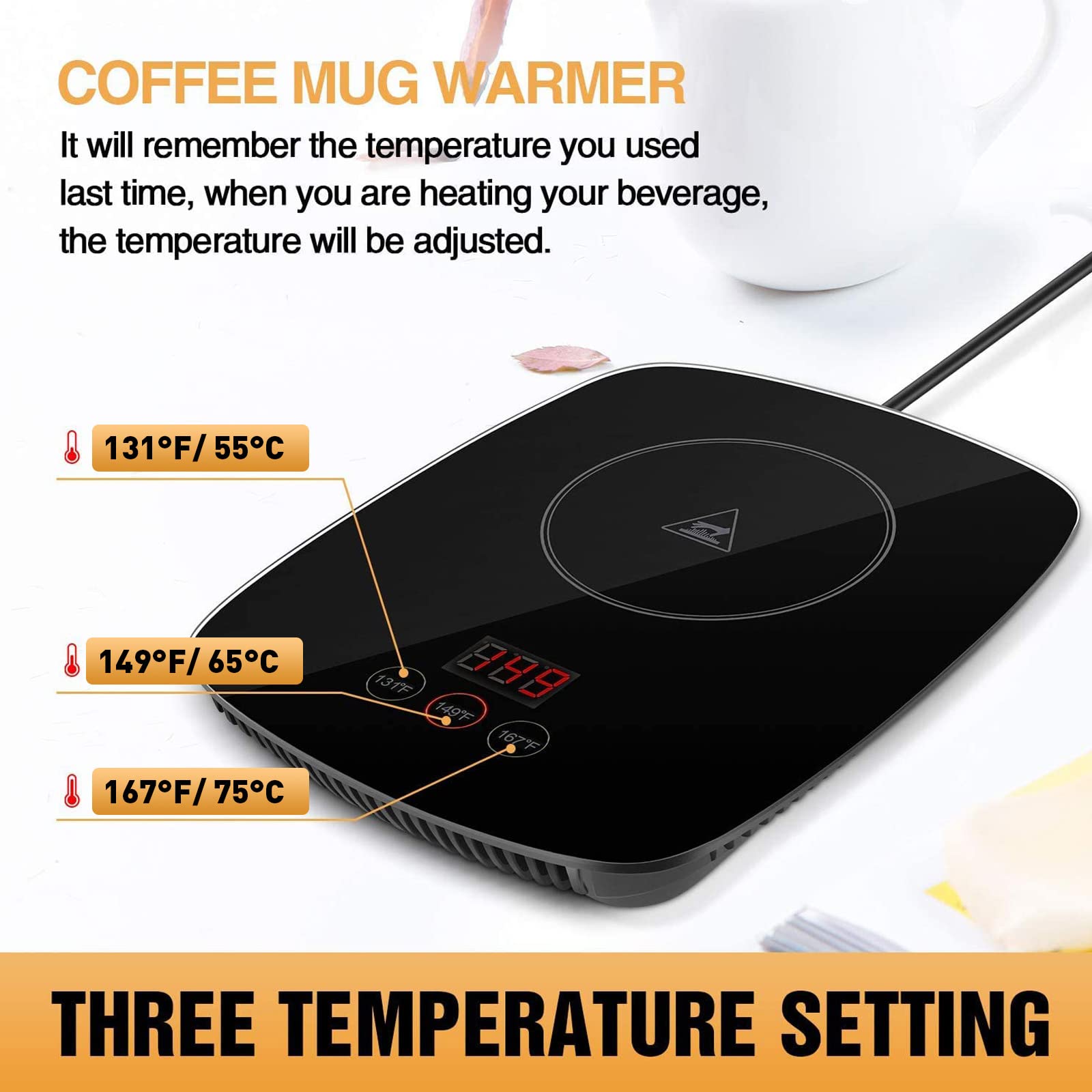 Upgraded Coffee Mug Warmer with 3 Temperature Settings & Auto Shut Off - Adjustable Beverage Warmer for Coffee, Tea & Hot Drinks (Mug Not Included) | Perfect for Office, Home & Gift Giving