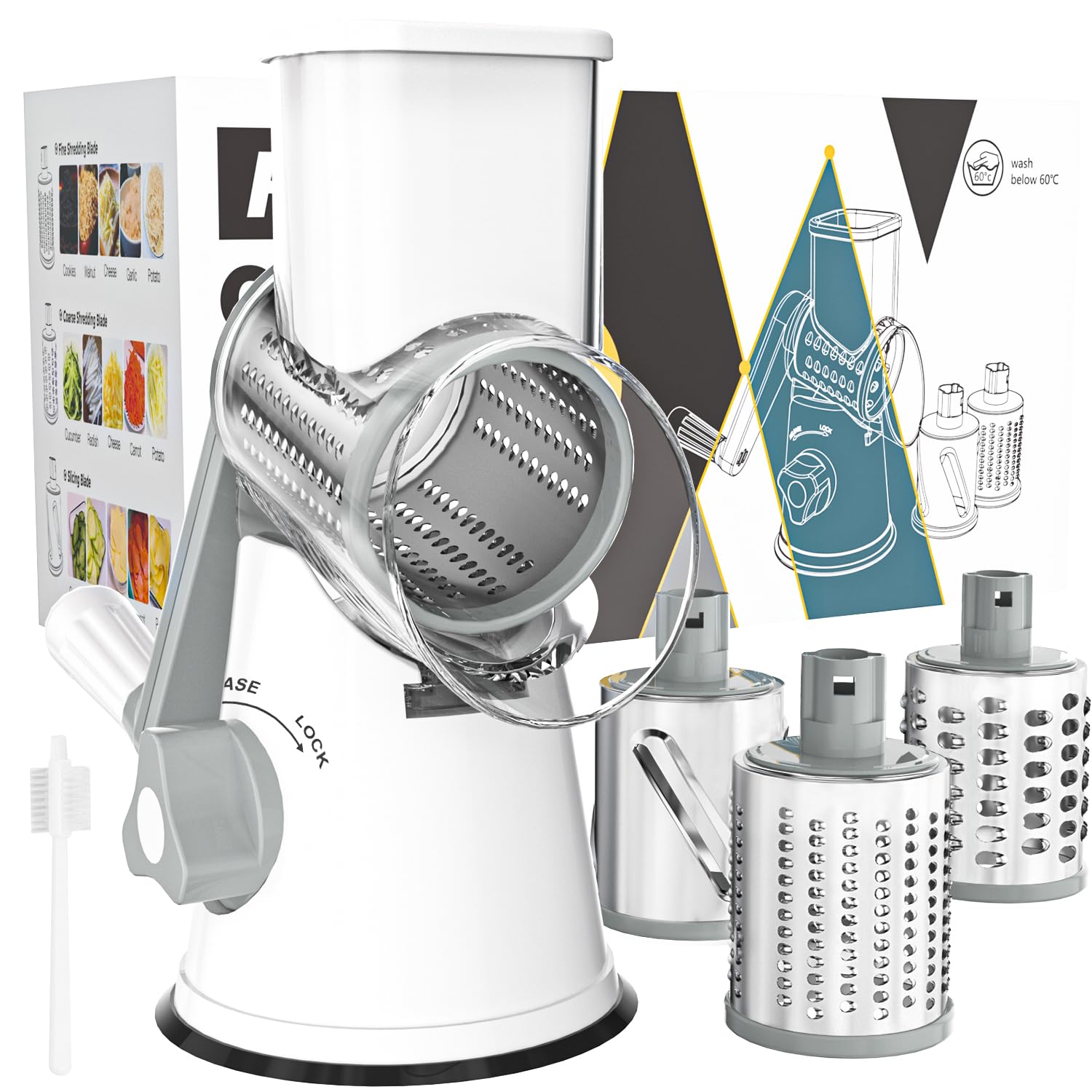 Cambom Rotary Cheese Grater - Hand Crank Cheese Shredder for Fresh Cheese, Vegetables & Nuts - Non-Slip Suction Base with 3 Blades & Free Cleaning Brush - Perfect for Pizza, Pasta, Salads & Baking (White)