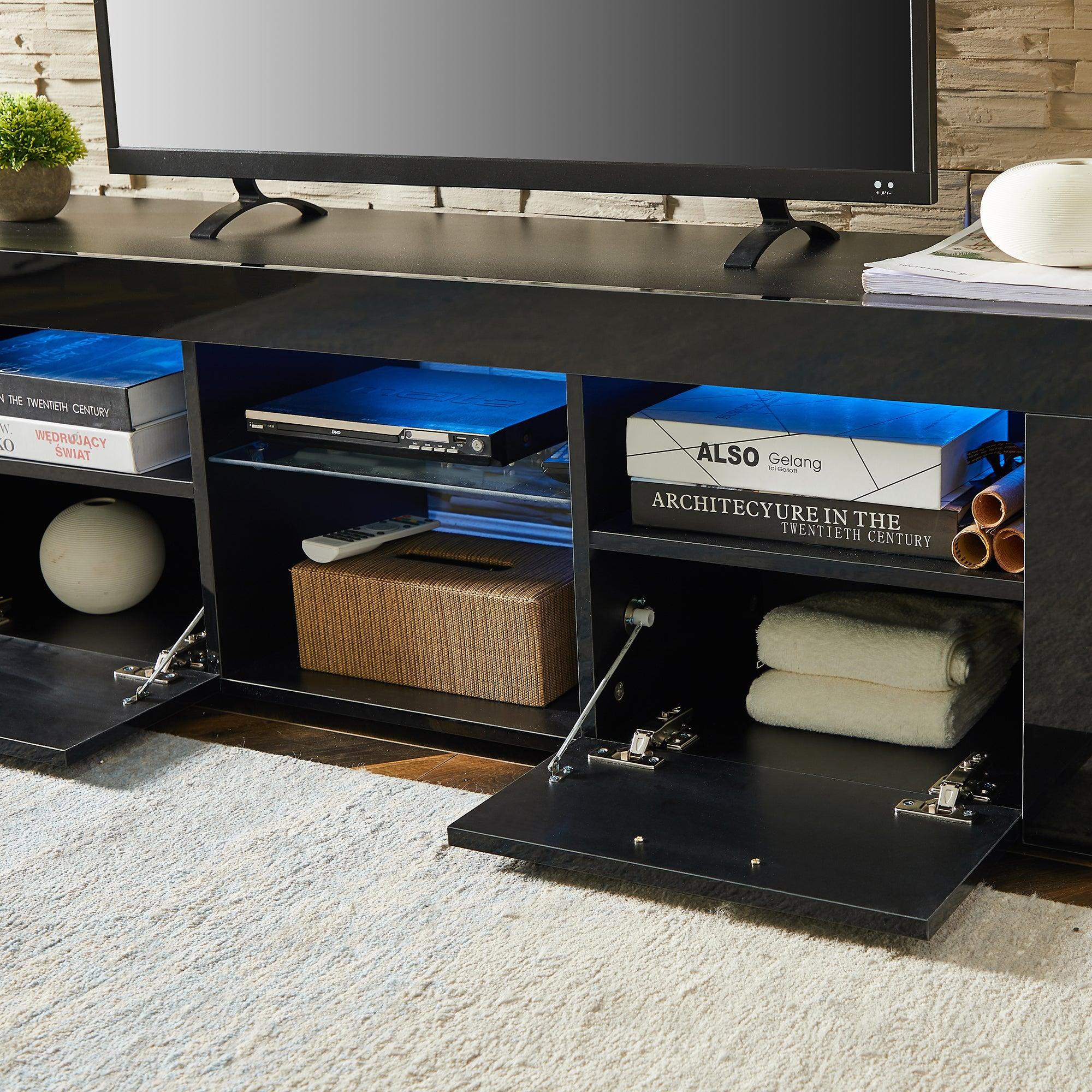 Modern Black TV Stand with LED Lights - High Glossy TV Cabinet for Living Room, Bedroom & Lounge - Easy Assembly - Perfect for Movie Nights & Entertainment Spaces