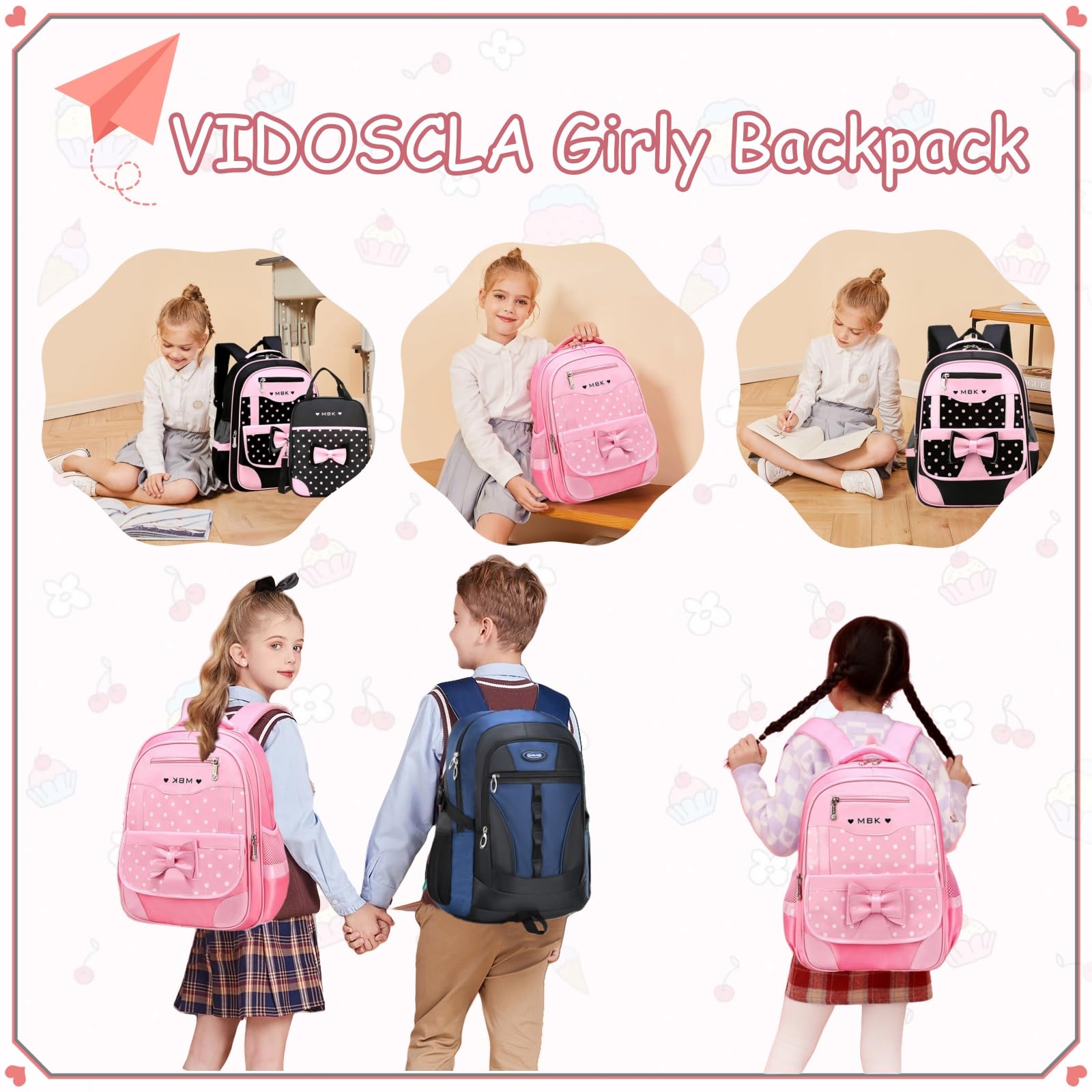 VIDOSCLA 2Pcs Kids School Backpack Set with Bowknot Wave Print - Lightweight Bookbag for Boys & Girls, Perfect for Elementary School, Travel, and Daily Use