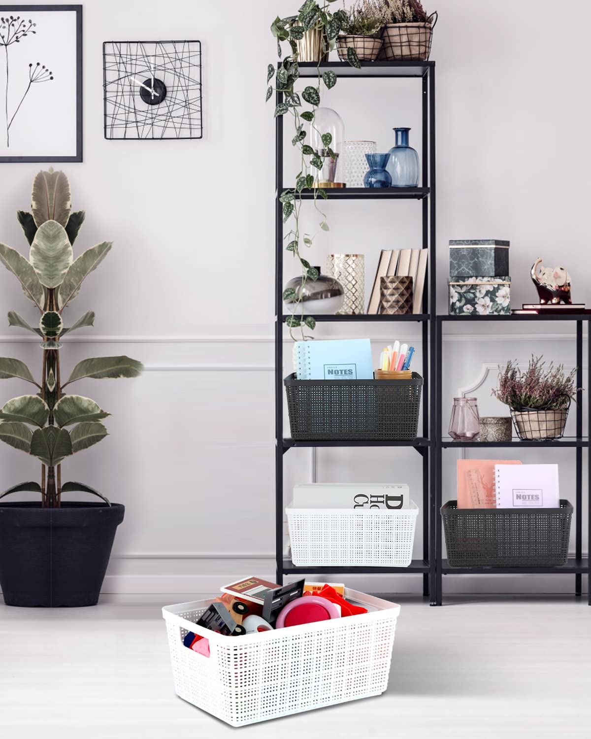 6-Pack Plastic Storage Bins - Woven Organizer Baskets for Pantry, Office & Playroom