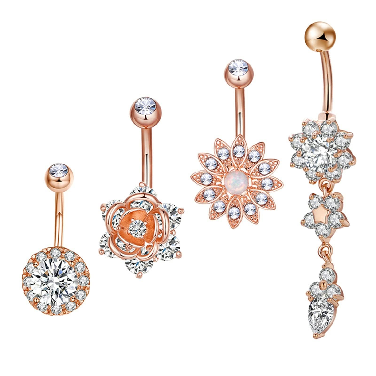 Rose Gold 14G Belly Button Ring for Women - White Cubic Zirconia Flower Design Body Jewelry - Perfect for Beach Parties, Summer Vacations & Casual Outfits