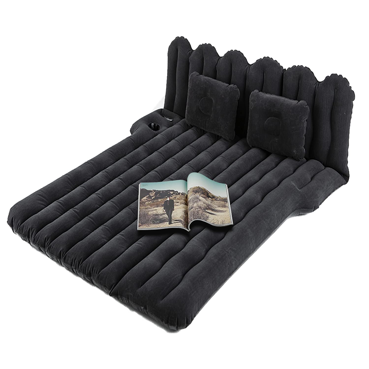 **SUV Air Mattress with Cup & Phone Holder - Flocked-Top Car Mattress with 2 Air Pillows & Electric Air Pump - Perfect for Camping, Travel, Road Trips & Car Sleeping (Black)**    *Ideal for outdoor adventures, family road trips, and overnight stays in your SUV or car.*