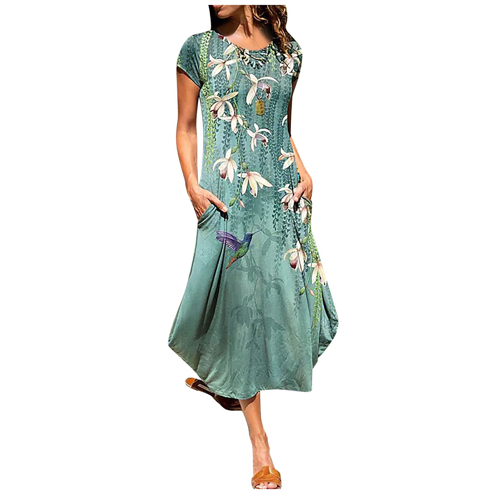 Women's Floral Print Shirt Dress - Short Sleeve Crewneck Maxi Sundress with Pockets | Loose Fit Casual Beach Dress for Summer Vacations, Outdoor Parties & Boho Style Fashion