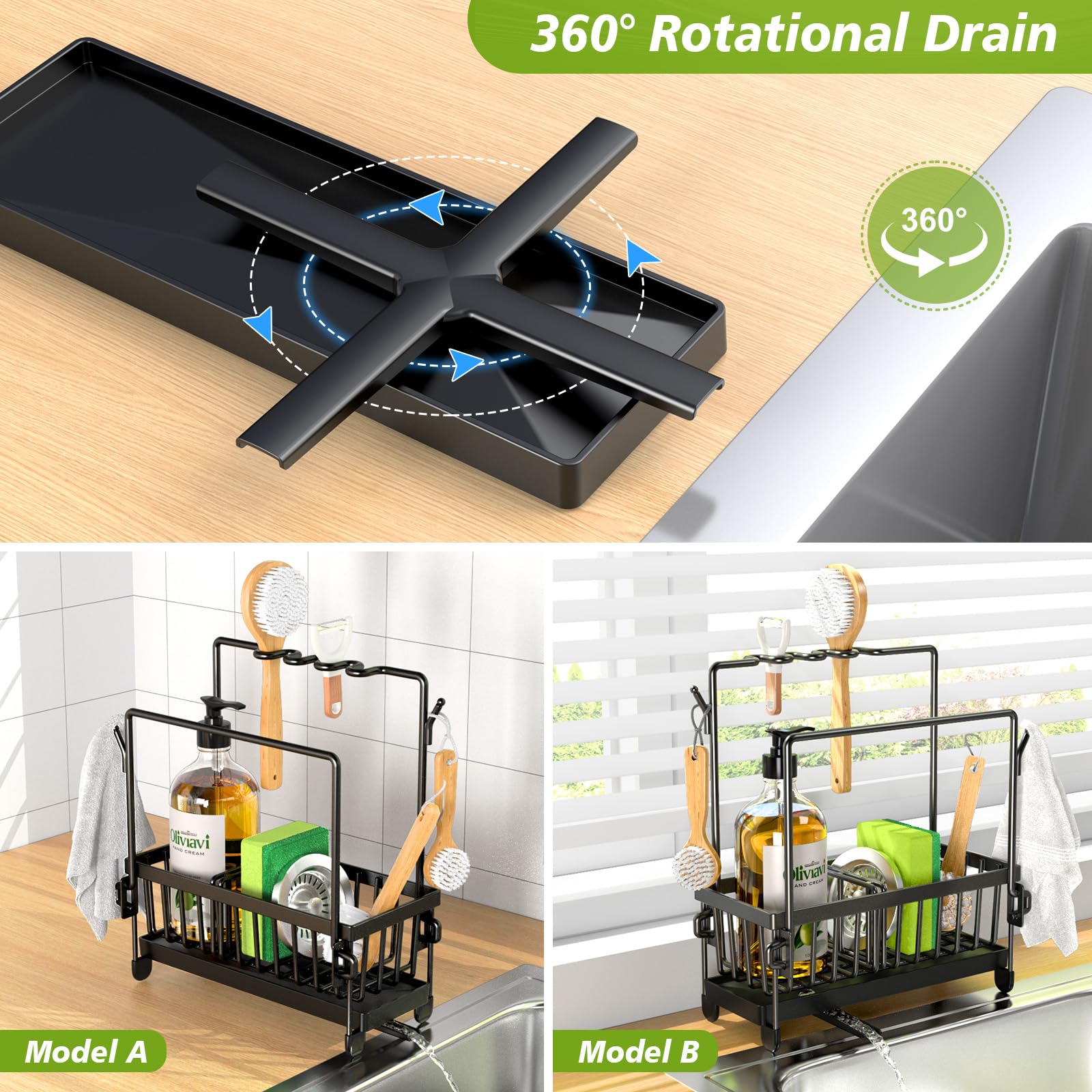 Stainless Steel Kitchen Sink Organizer with Removable Drain Tray & Sponge Holder - Adjustable Partitions, Dishcloth Hanger & Brush Drainer - Perfect for Small Kitchen Organization & Sink Storage (Black) - Ideal for Apartment, RV, and Compact Kitchen Spaces