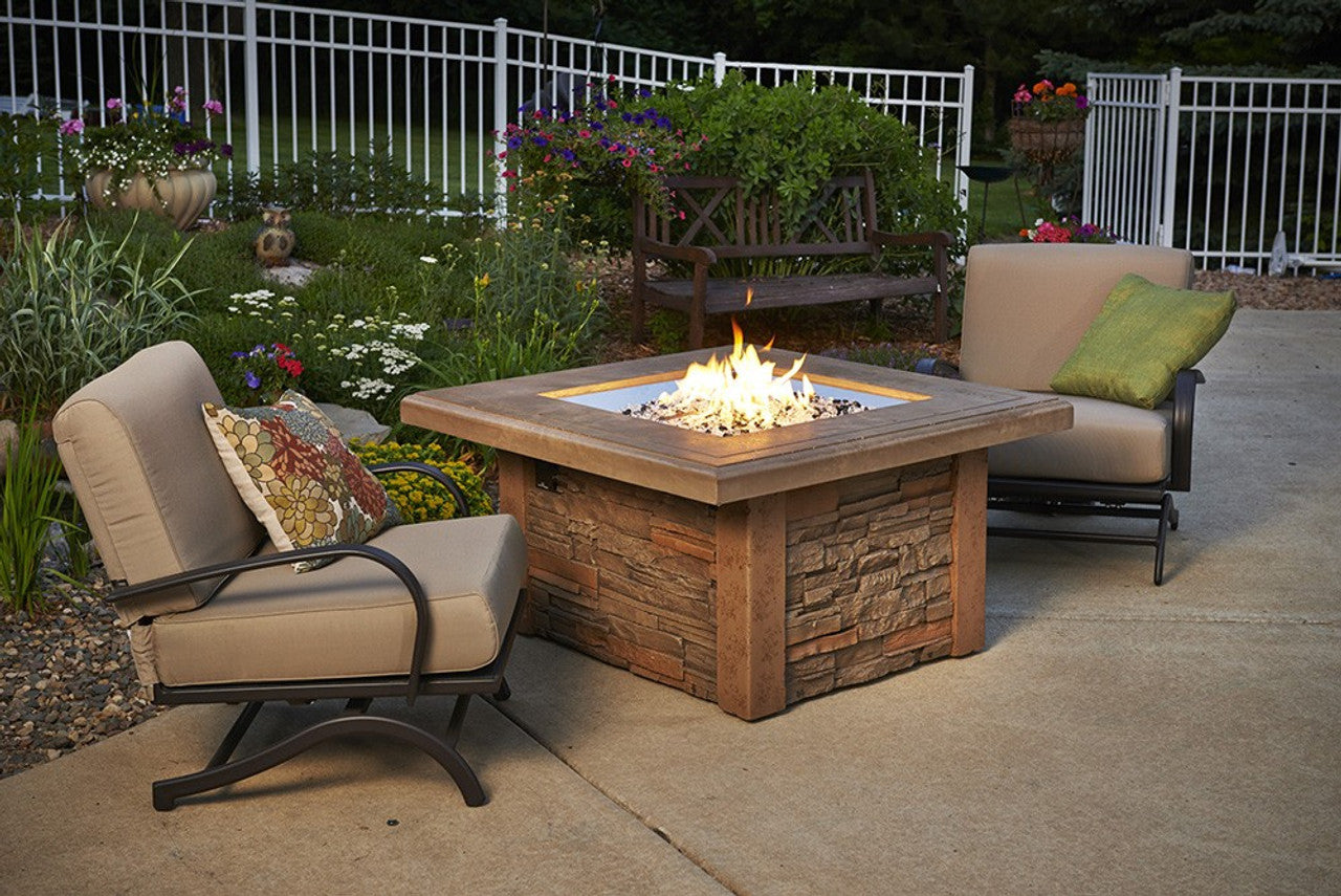 Outdoor Propane Gas Fire Pit Table - 43 Inch Square with 24 Inch Crystal Fire Burner, Mocha Finish (SIERRA 2424 M K) - Perfect for Patio, Backyard, and Outdoor Gatherings