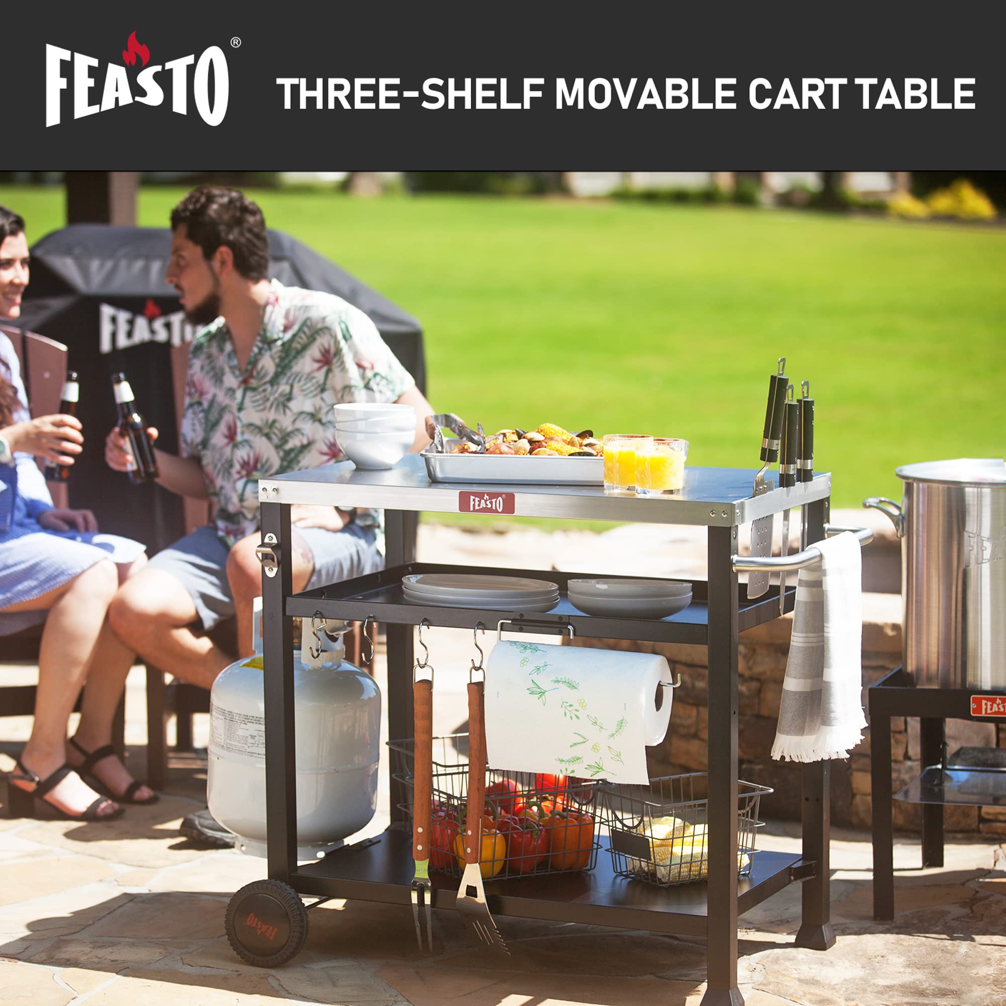 3-Shelf Outdoor Grill Table with Wheels - Portable Pizza Oven Stand for Ooni & Blackstone Griddle (33.5”x21.7”) - Heavy Duty Movable BBQ Cart for Indoor & Outdoor Cooking - Perfect for Backyard, Patio, Camping and Tailgating Parties