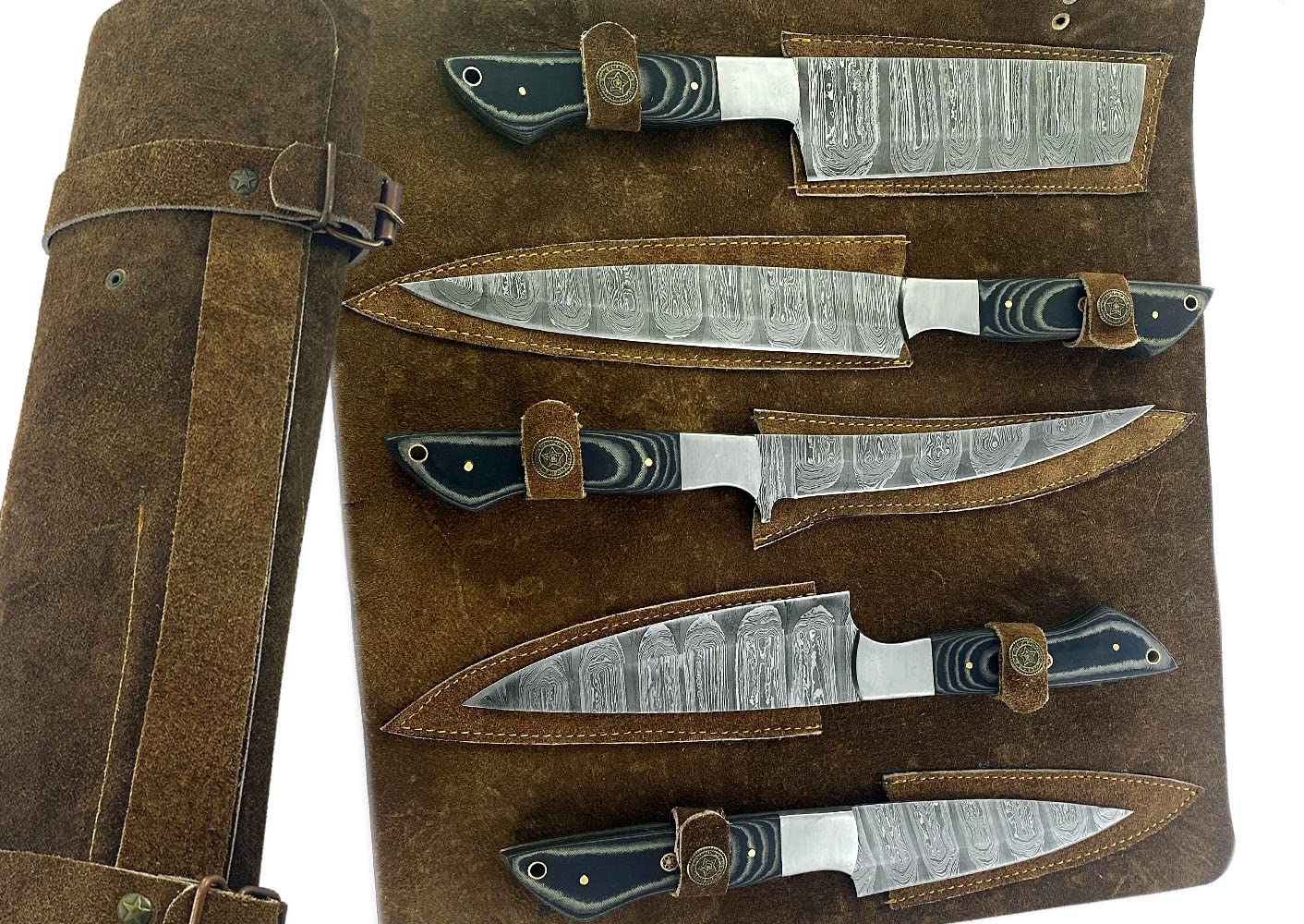 Premium Damascus Steel Chef Knife Set - 5-Piece Professional Kitchen Knives with Cleaver & Utility Knives | Includes Knife Roll Bag for Storage & Travel | Ideal for Home Cooks & Professional Chefs