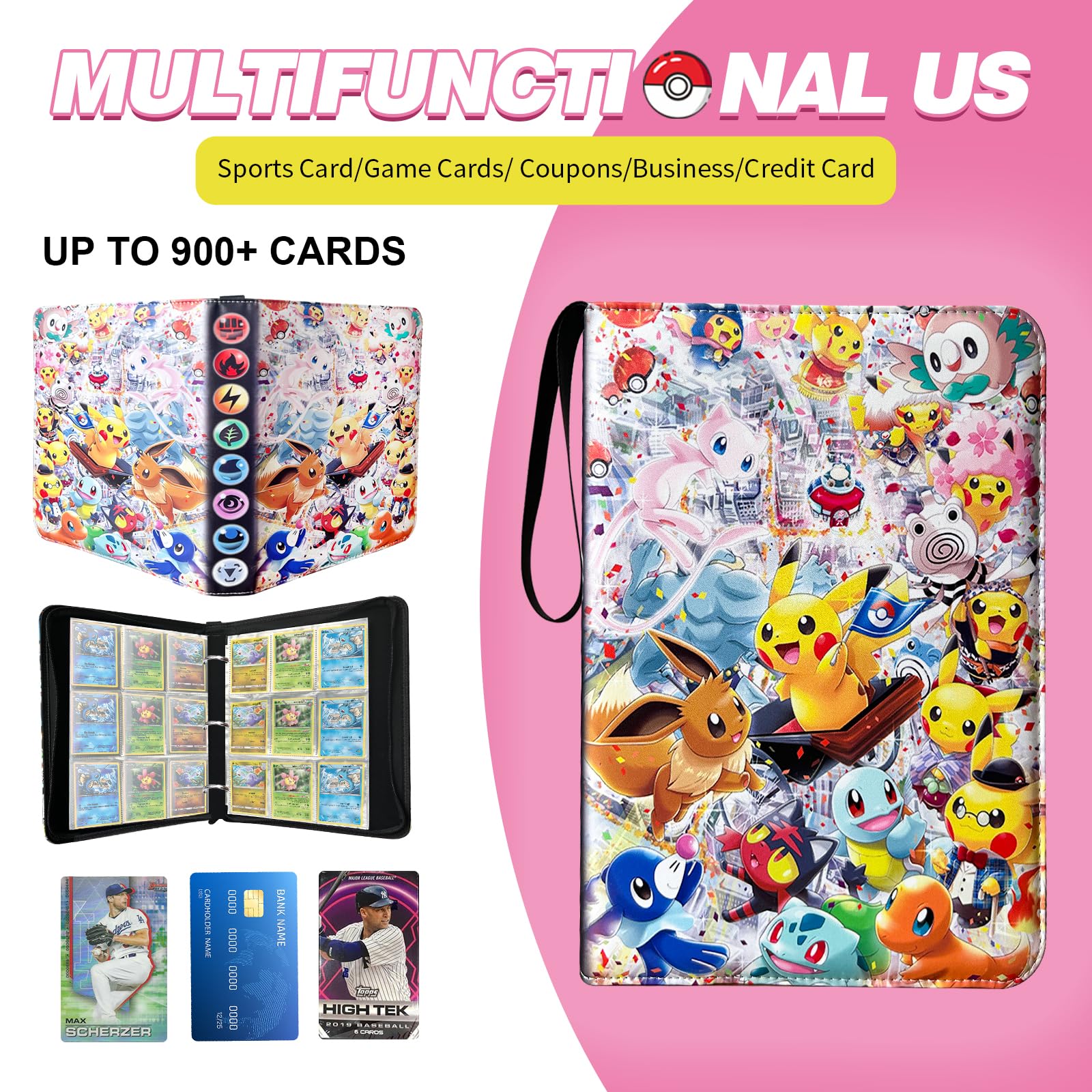 Premium 9-Pocket Pokemon Card Binder - Holds 900 Trading Cards with 50 Removable Sleeves, Durable TCG Storage Album & Carrying Case for Collectors (Pink) - Perfect for Organizing, Protecting & Showcasing Your Pokemon Card Collection at Home, School or Tournaments