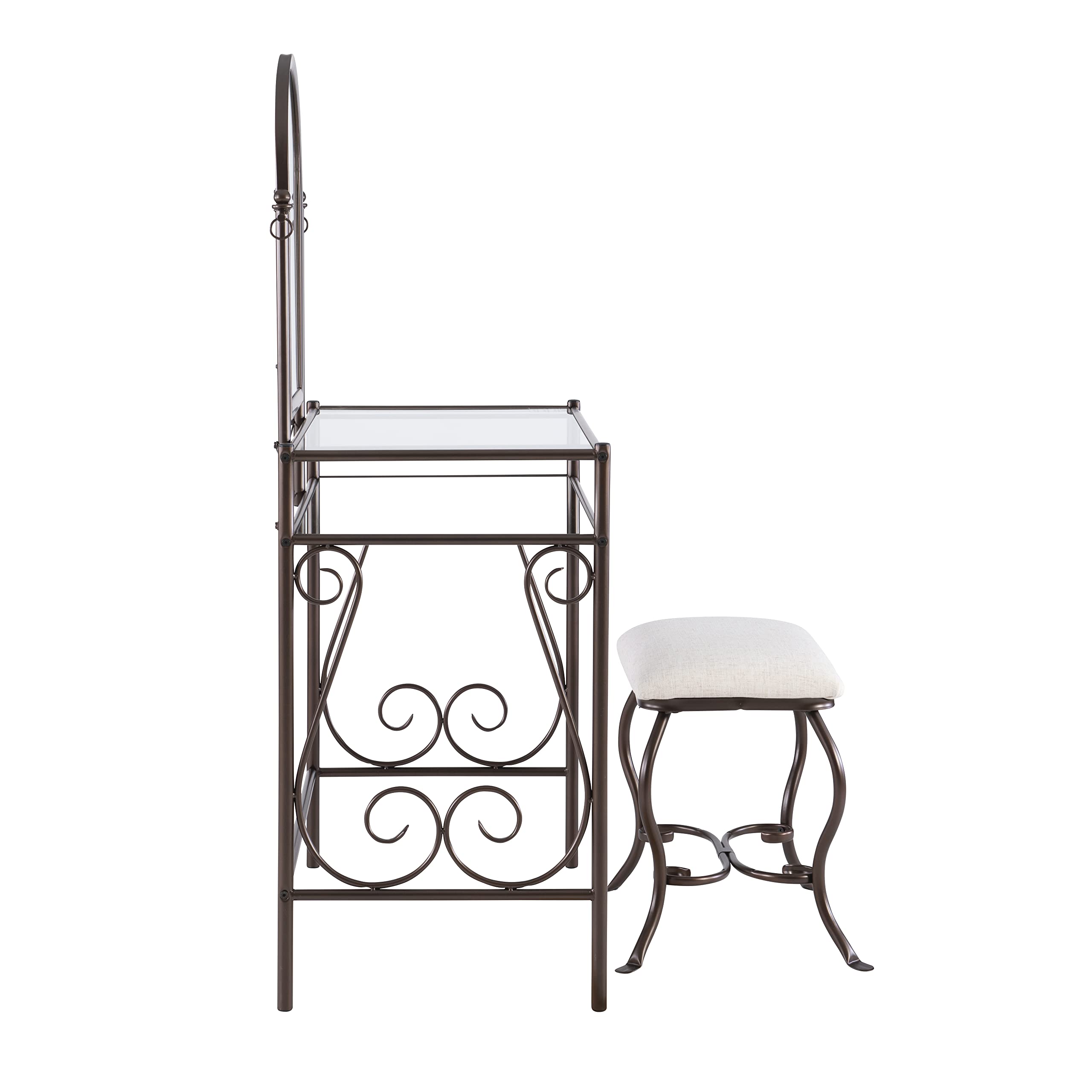 Linon Clarisse Vanity Set - Dark Metal Dressing Table with Upholstered Stool, 52.4 x 31.8 x 18.3 Inches - Perfect for Bedroom Makeup & Jewelry Organization