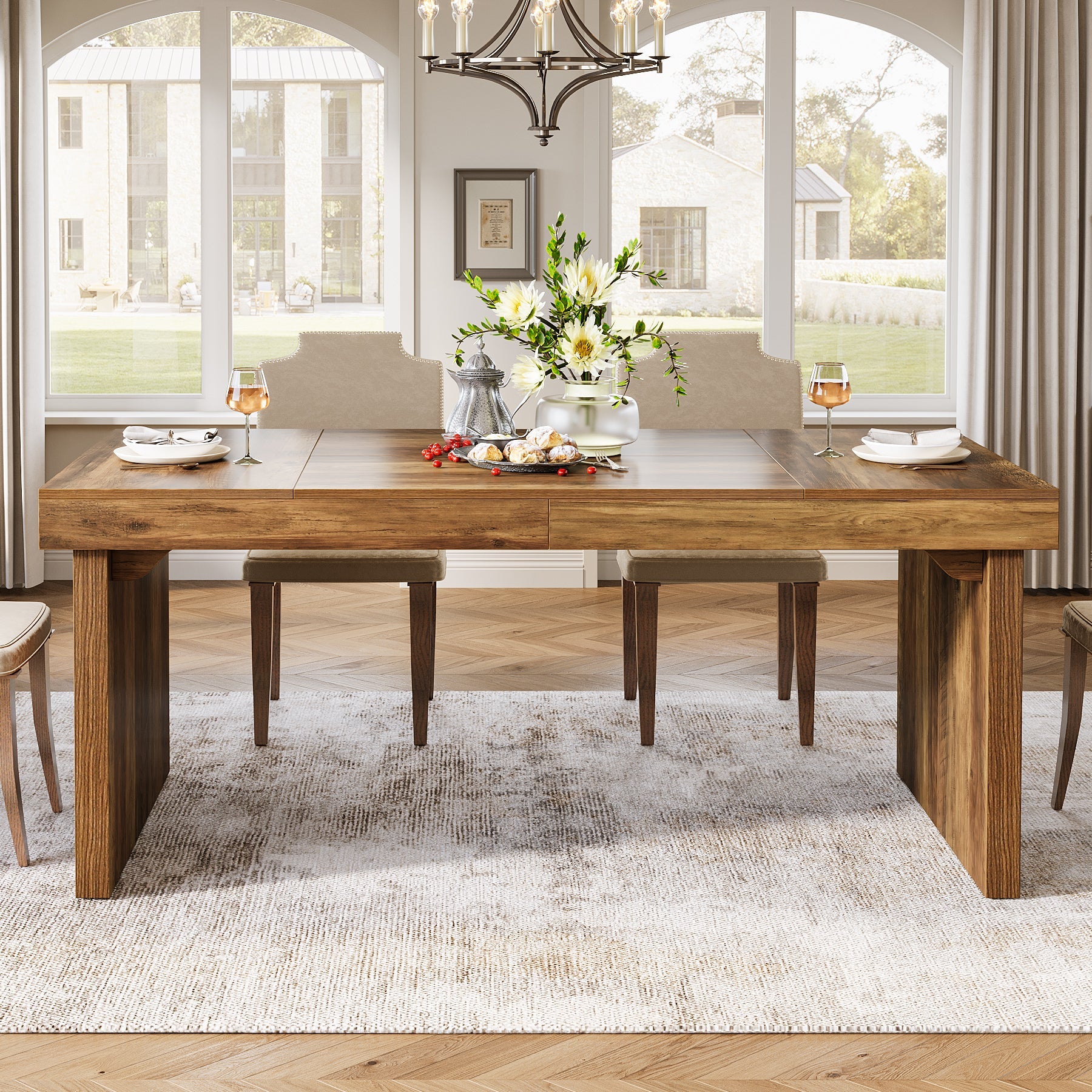 Rustic Wood Dining Table - 63 Inch Rectangular Kitchen Table for Farmhouse, Dining Room & Family Gatherings