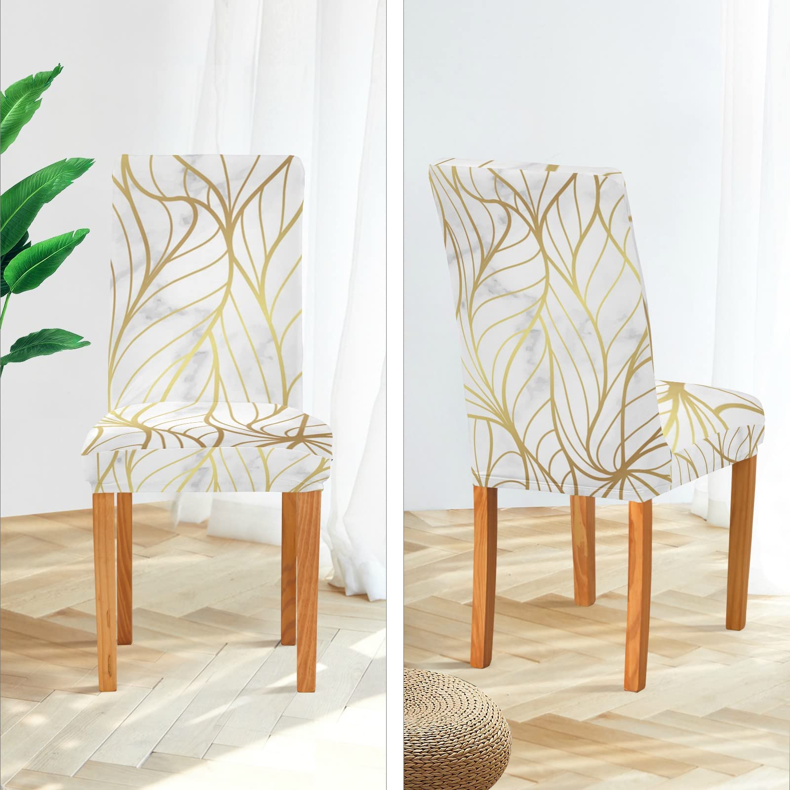ALAZA Stretch Dining Room Chair Covers - Gold Marble Design with Natural Leaf Pattern, Washable Slipcovers for Parson Chairs | Perfect for Dining Room, Kitchen, Wedding Ceremony & Home Decor