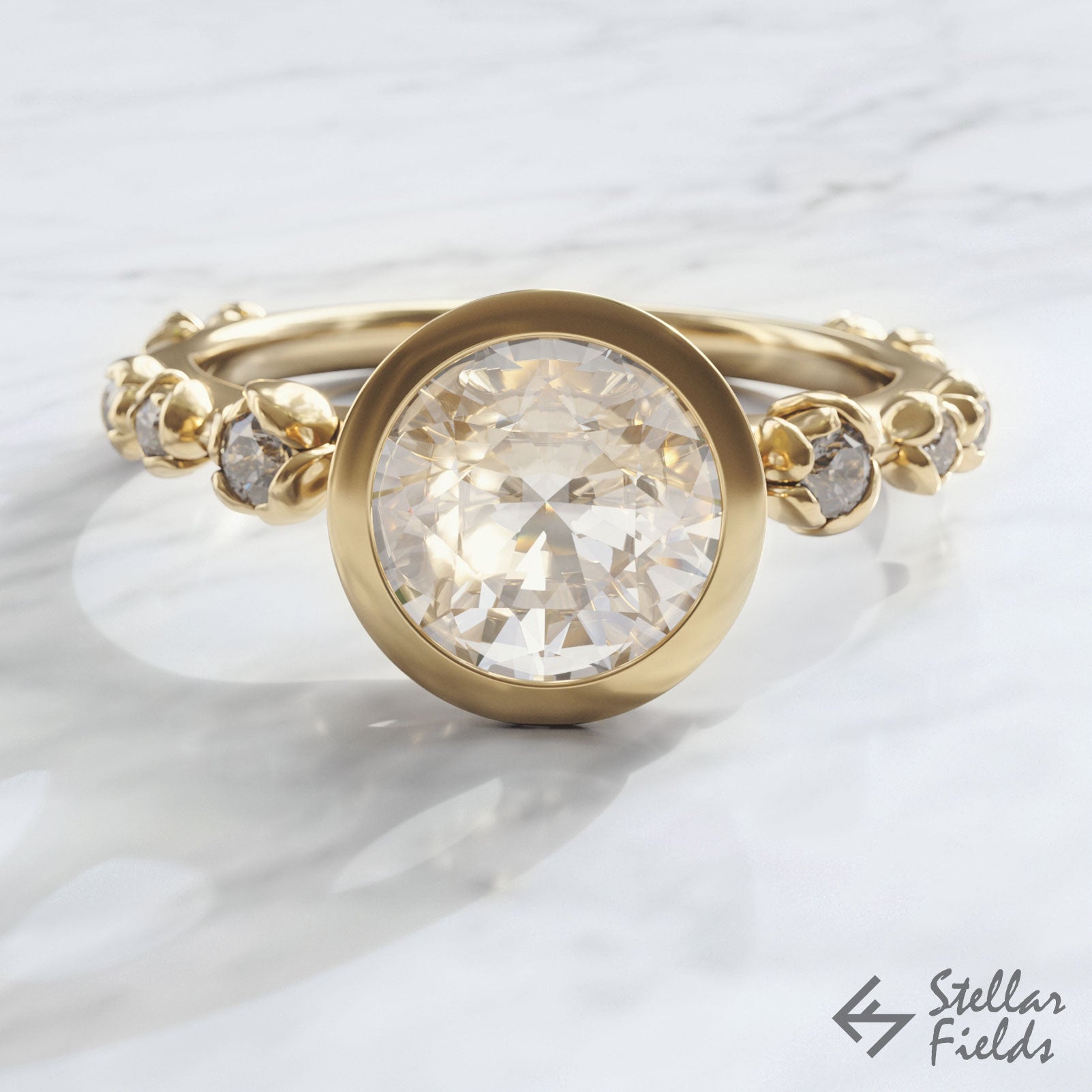 Floral Bezel Engagement Ring - Forever One Moissanite Albertine Ring for Women | Perfect Wedding, Proposal, Anniversary Gift | Elegant Bridal Jewelry for Special Occasions