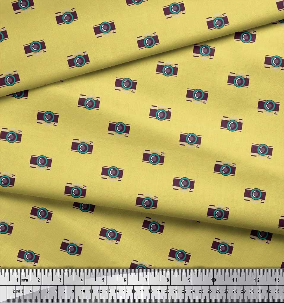 Soimoi Rayon Yellow Fabric by The Yard - 42 Inch Wide Camera Print Shirting Material for Photography Enthusiasts - Perfect for Travel-Themed Shirts, DIY Camera Bags & Photography Backdrops