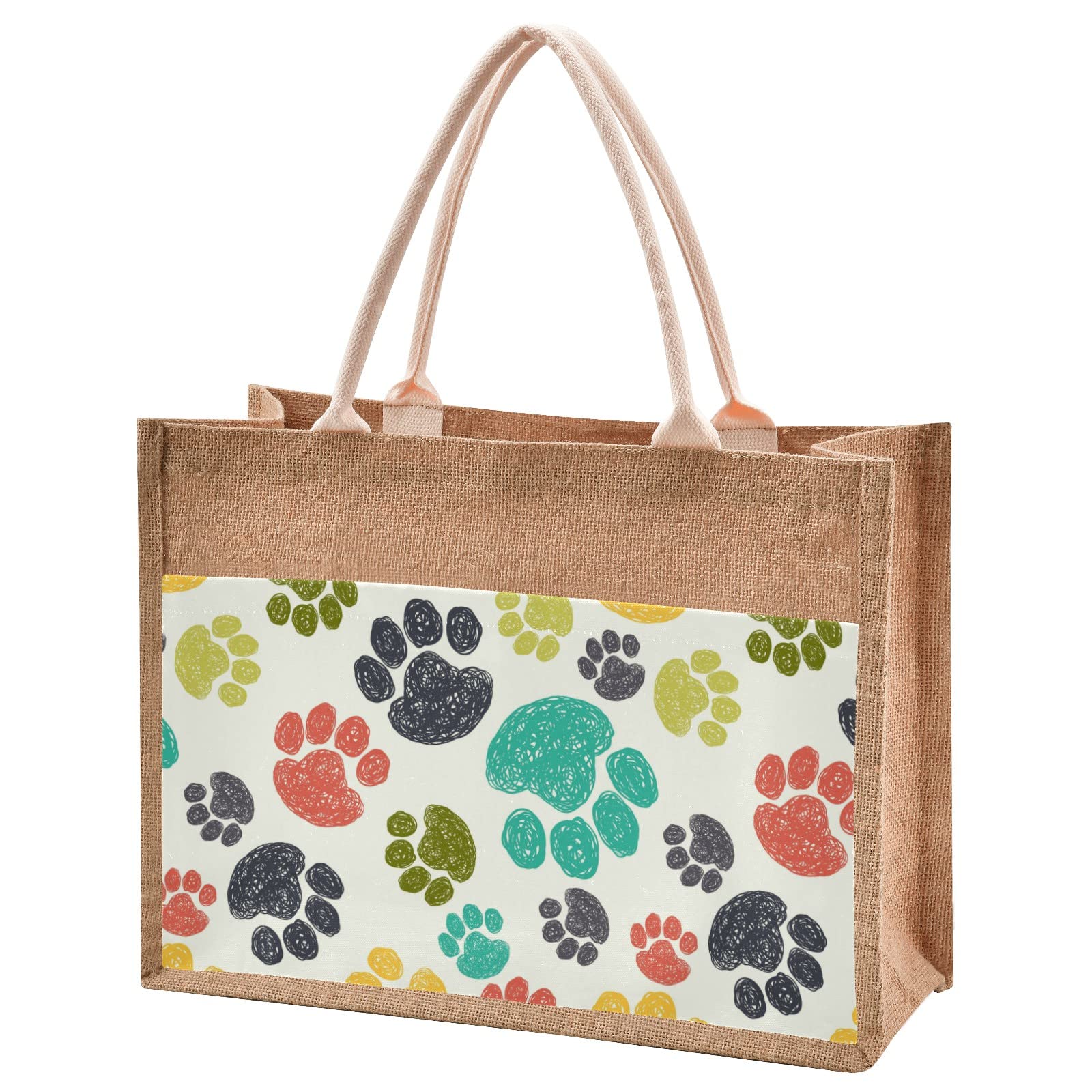 Colorful Cat & Dog Paw Print Jute Tote Bag with Zipper Closure - Large 17