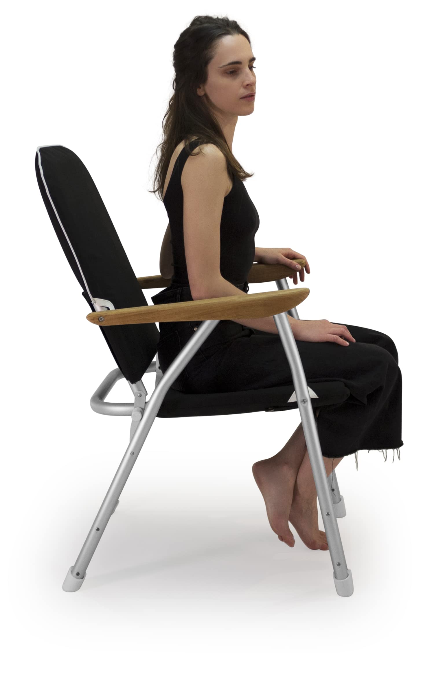 FORMA MARINE V100NB Navy Blue Boat Chair - Large Padded Folding Deck Chair with Aluminum Frame & Teak Armrests - Perfect for Yachts, Boats, and Outdoor Marine Use
