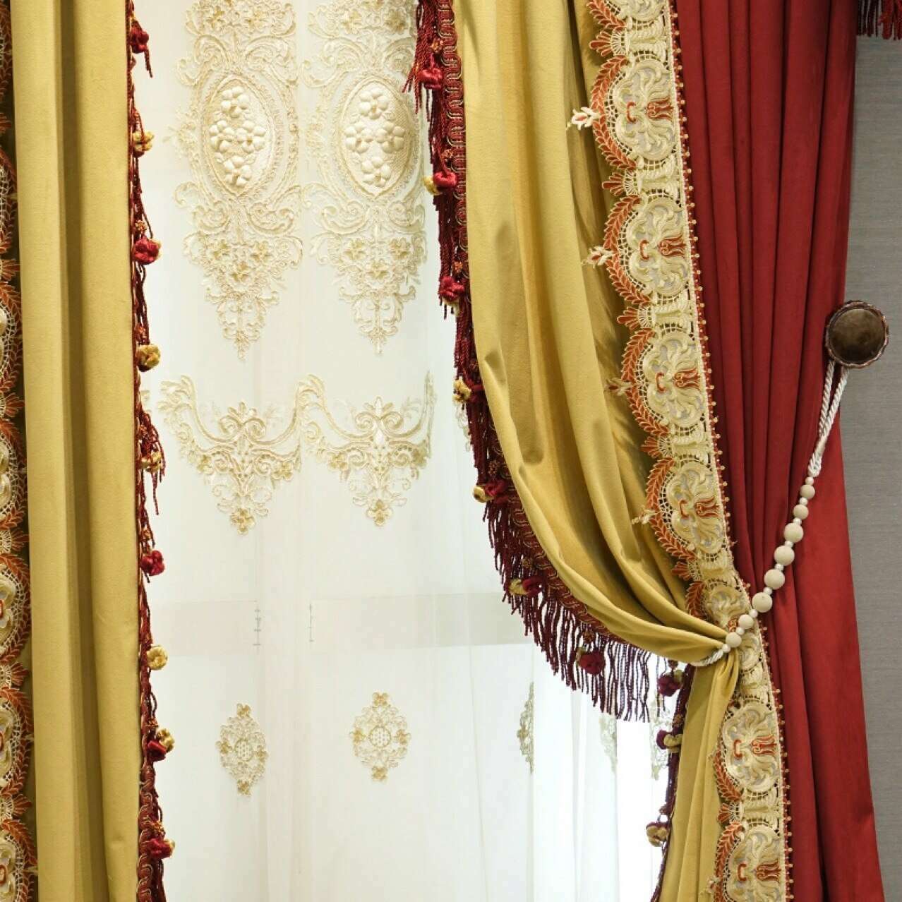 Annapolis French Designer Velvet Fringe Curtain - Red & Yellow Luxury Window Drapes for Living Room, Bedroom & Wedding Decor