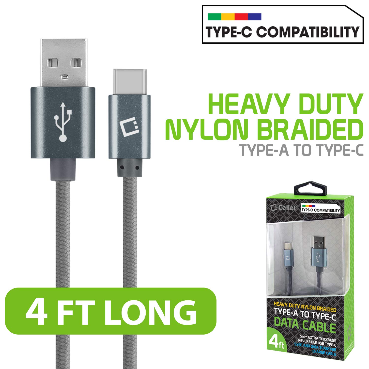 Premium Braided USB-C Cable 6.6ft Fast Charging & Data Sync - Compatible with iPhone 15, Samsung Galaxy, Google Pixel, Moto - Durable Nylon Cord for Home, Office & Travel (Gray)