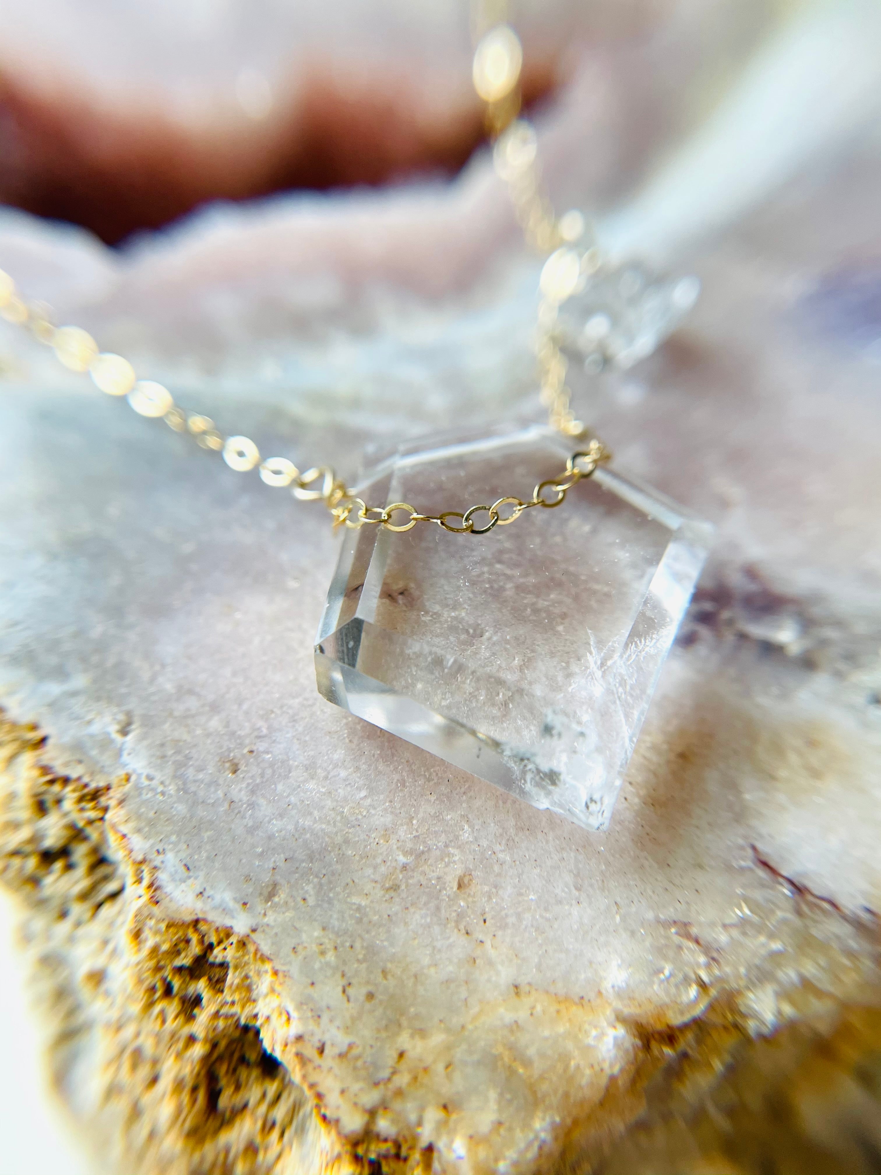 Clear Quartz with Herkimer Shield Necklace - 14K Gold Filled or Sterling Silver Healing Crystal Jewelry for Meditation, Energy Protection & Spiritual Gifts
