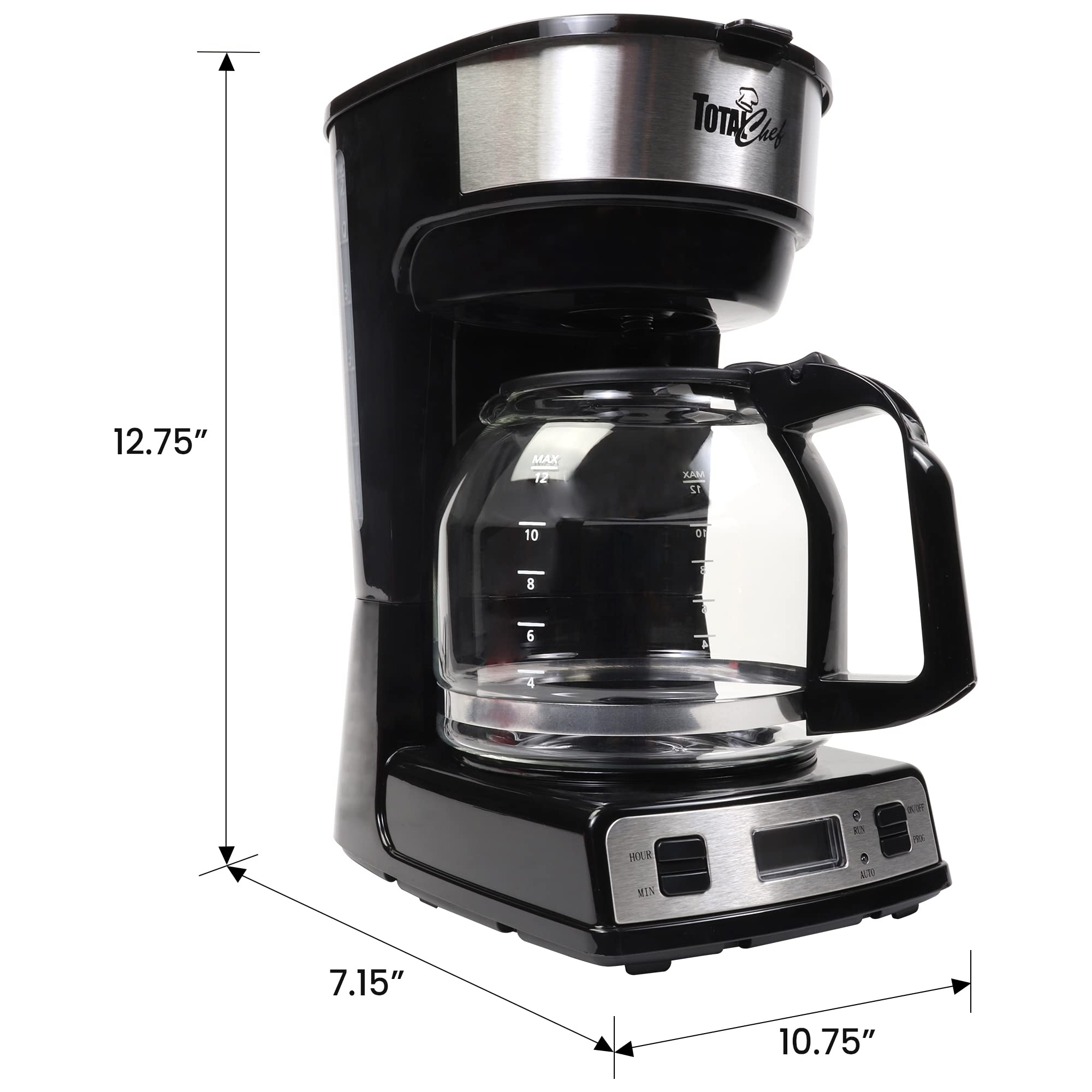Koolatron Total Chef 12 Cup Programmable Drip Coffee Maker with Glass Carafe & Reusable Filter - Black & Silver - Perfect for Home, Office, and RV Use