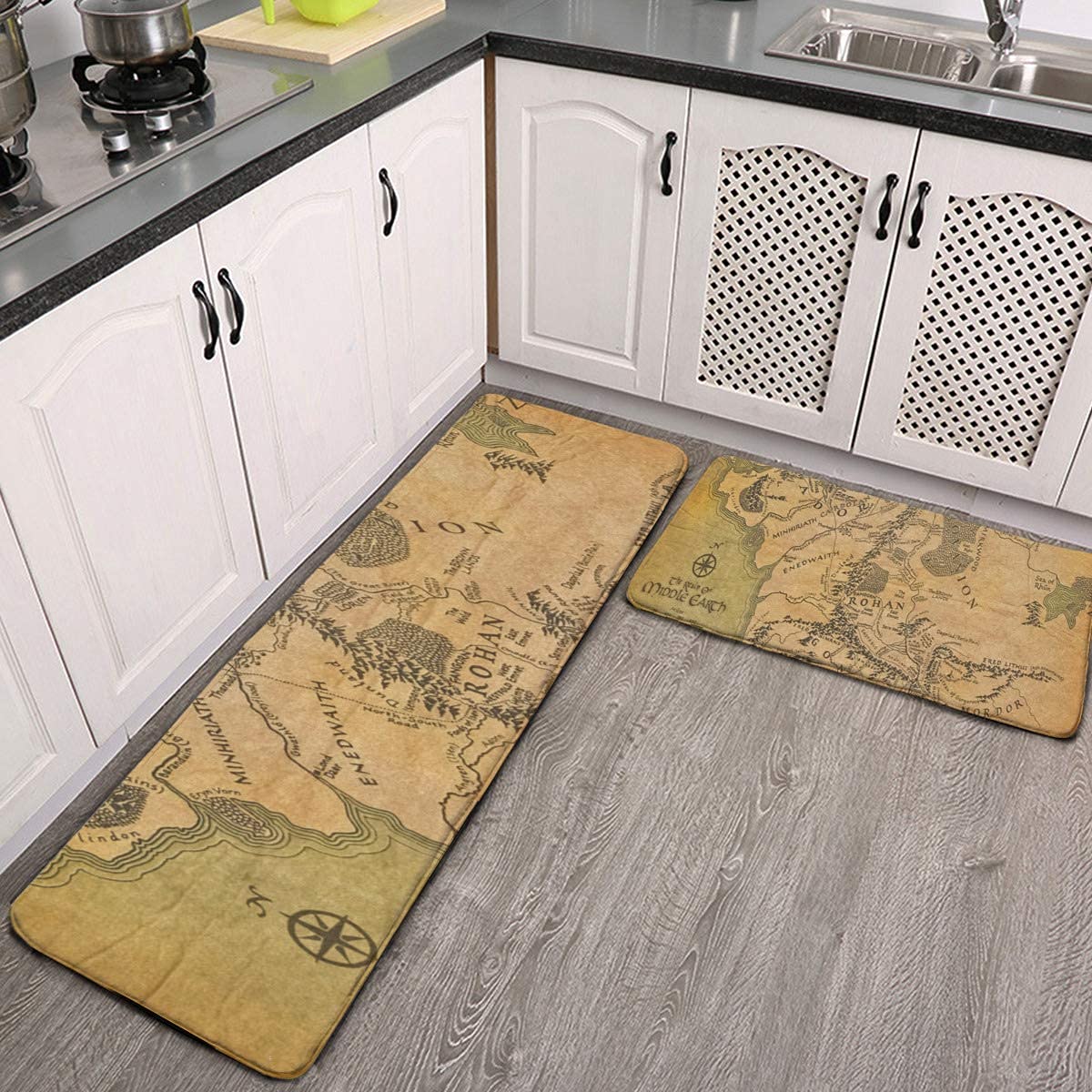 2-Piece Lord of The Rings Map Non-Slip Kitchen Rug Set - Soft Flannel Washable Floor Mats, Durable Anti-Skid Runner for Kitchen, Entryway, and Living Room Decor