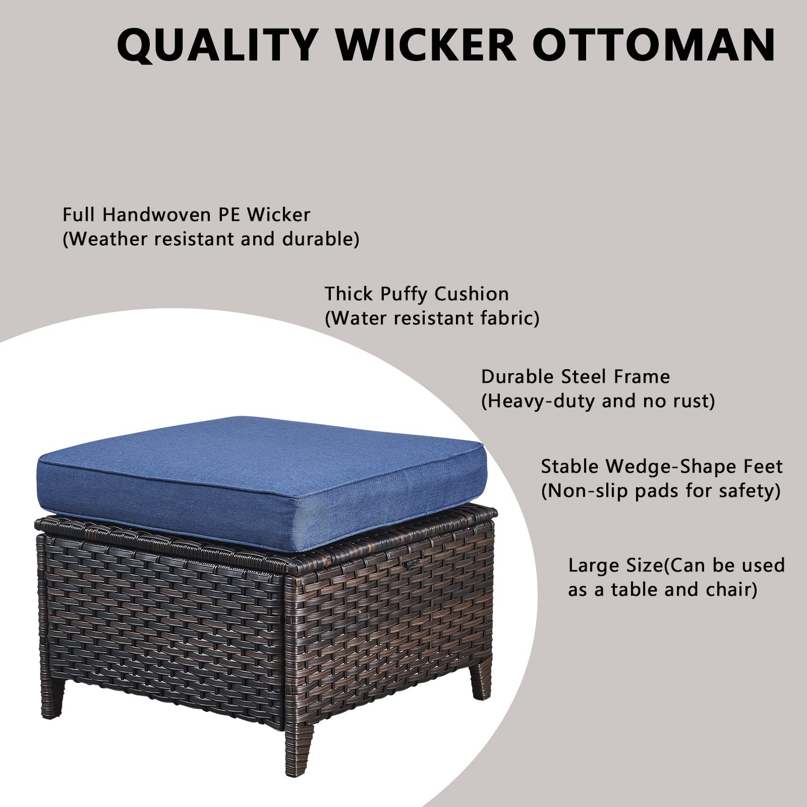 2-Piece Outdoor Wicker Ottoman Set with Thick Cushions - Brown/Blue Rattan Footrest Footstools for Patio, Garden & Poolside Relaxation