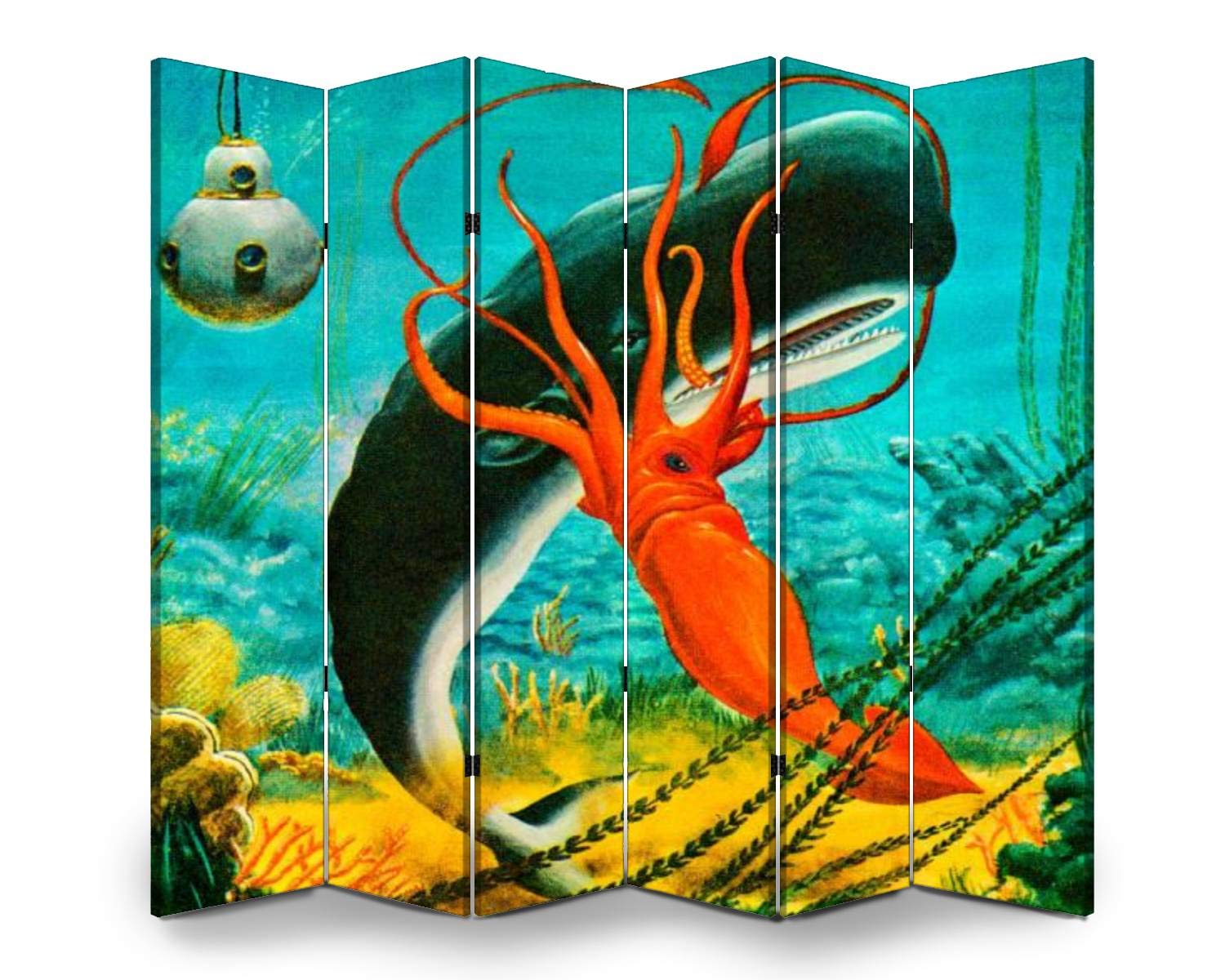 APED DECOR 6-Panel Wooden Room Divider - Squid Attacking Whale Ocean Art Folding Privacy Screen, Dual-Sided Canvas Partition for Home & Office Decor | Perfect for Living Rooms, Bedrooms & Workspaces
