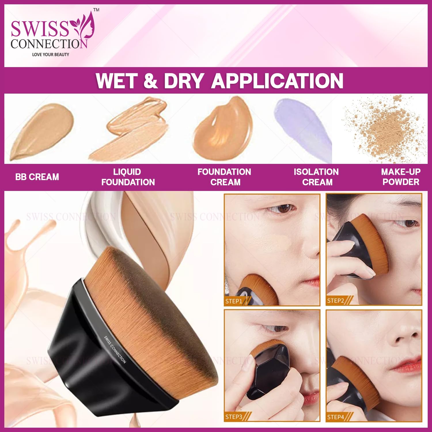 Swiss Connection Professional Blush Brush for Makeup - Soft Synthetic Foundation Brush for Liquid, Powder & Cream Blush Application - Perfect for Blending & Flawless Finish - Ergonomic Non-Slip Grip Handle (Pack of 1) - Ideal for Daily Makeup Routine & Professional Makeup Artists