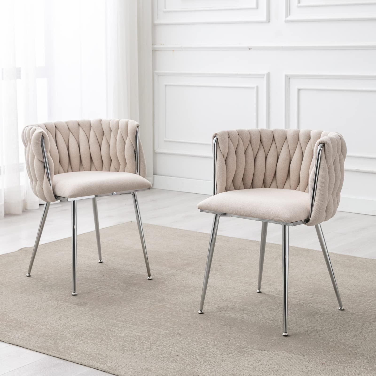 LukeAlon Modern Linen Dining Chairs Set of 2 - Woven Backrest Leisure Chairs with Silver Metal Legs, Upholstered Side Chairs for Living Room, Kitchen, Dining Room & Vanity - Beige Home Decor Accent Chairs for Comfortable Seating & Stylish Interior Design