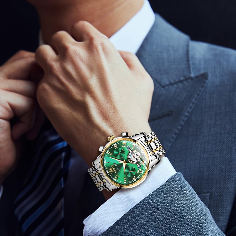 OLEVS Men's Automatic Self-Winding Tourbillon Watch - Luxury Mechanical Dress Watch with Stainless Steel Band, Luminous Hands & Waterproof - Perfect for Business, Formal Events & Everyday Wear