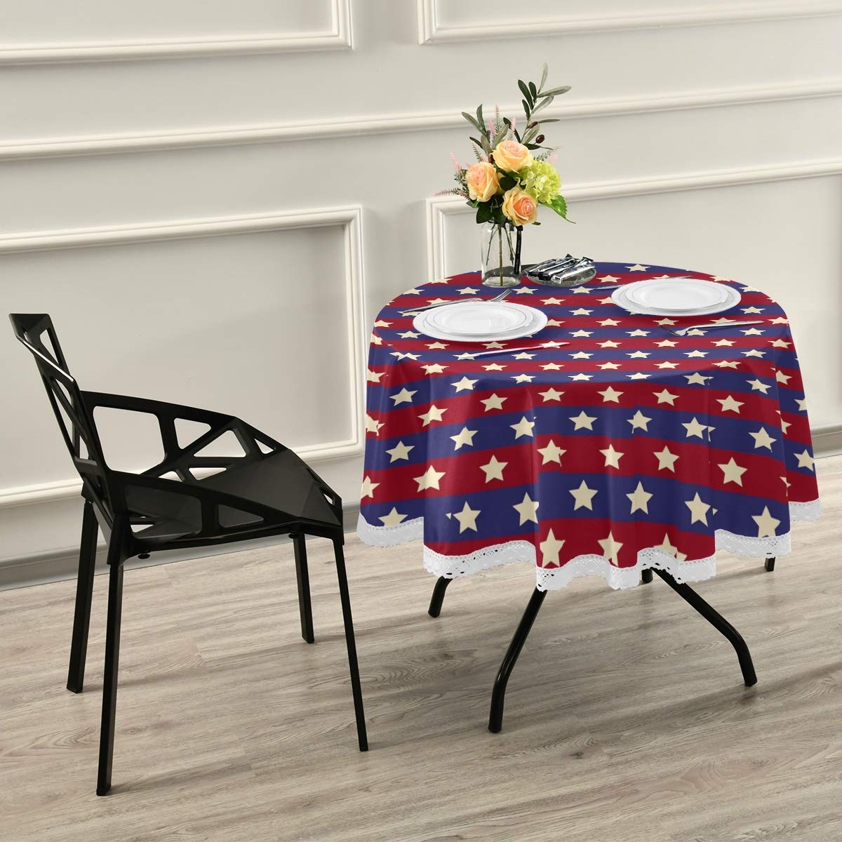 Qilmy Patriotic Star Round Spillproof Macrame Lace Tablecloth - 60 Inch Waterproof Kitchen Dining Table Cover for Home Decor | Perfect for 4th of July, Thanksgiving & Holiday Parties