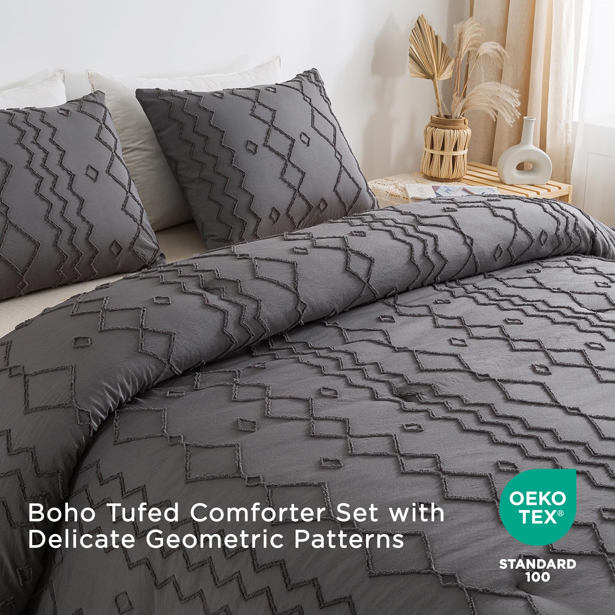 **Andency Dark Gray Tufted Comforter Set Full (79x90 Inch) – 3-Piece Boho Farmhouse Bedding with Microfiber Down Alternative, Geometric Design – Perfect for Cozy Bedrooms, Guest Rooms & Modern Farmhouse Decor**