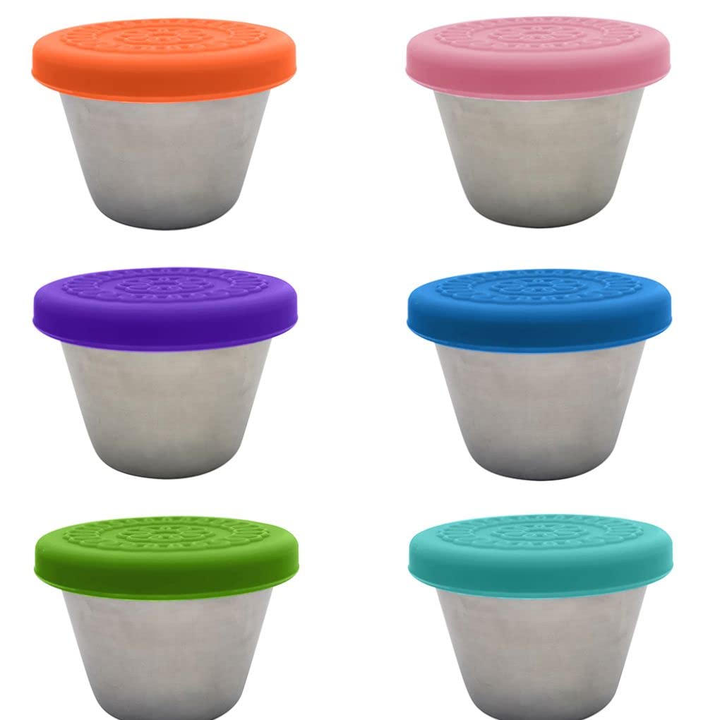 **Leakproof Stainless Steel Condiment Containers with Silicone Lids – 2.5 oz Salad Dressing Cups for Sauce, Ketchup, Mustard – Reusable Small Food Storage Containers for Lunch Box, Picnic, Travel (6 Pack, 6 Colors) – Perfect for Camping, BBQ, Office & School Meals**