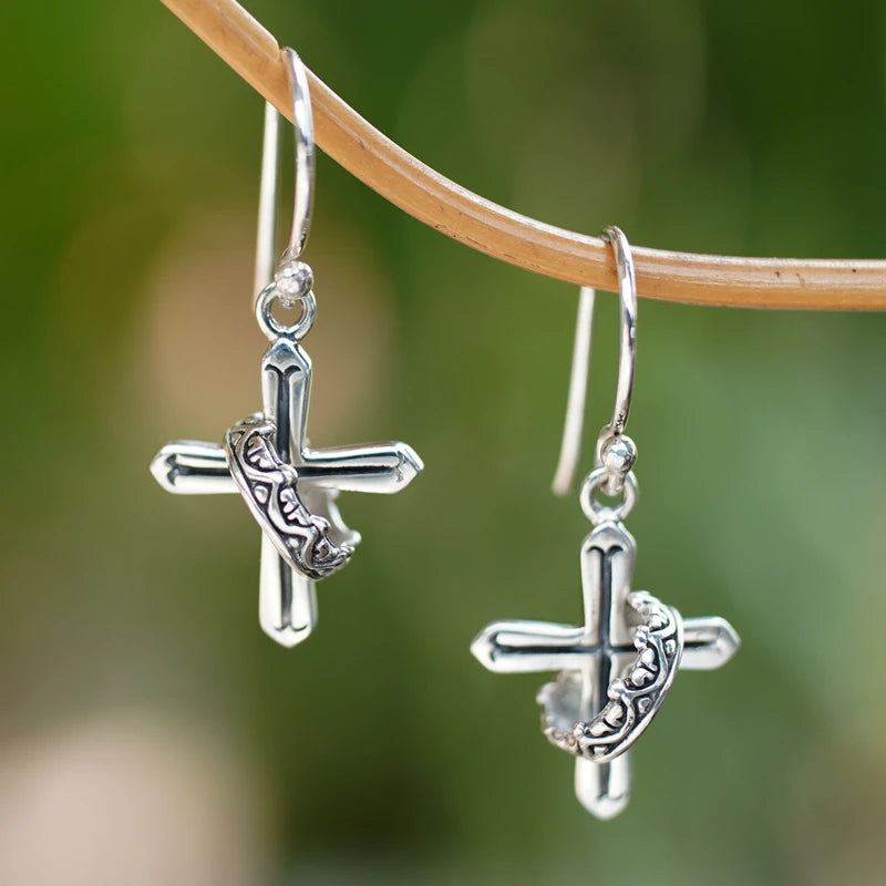 Sterling Silver Cross and Crown Earrings for Women - Religious Jewelry Gift for Baptism, Confirmation & Church Events