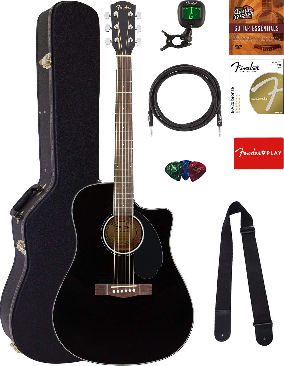 Fender CD-60SCE Solid Top Dreadnought Acoustic-Electric Guitar Bundle - Black with Hard Case, Tuner, Strap, Strings & Accessories | Perfect for Beginners, Live Performances & Studio Recording