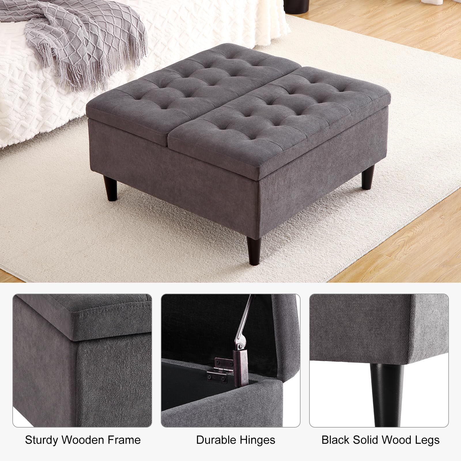 GARVEE 33 Inch Square Lift Top Storage Ottoman Coffee Table - Upholstered Tufted Design with Solid Wood Frame & Velvet Fabric - Perfect for Living Room, Lounge, and Home Decor