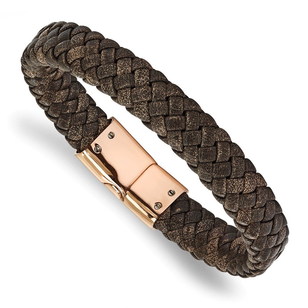 Stainless Steel Rose Gold IP Plated Braided Brown Leather Bracelet for Women - Elegant Fashion Jewelry Gift for Valentine's Day, Anniversary & Everyday Wear