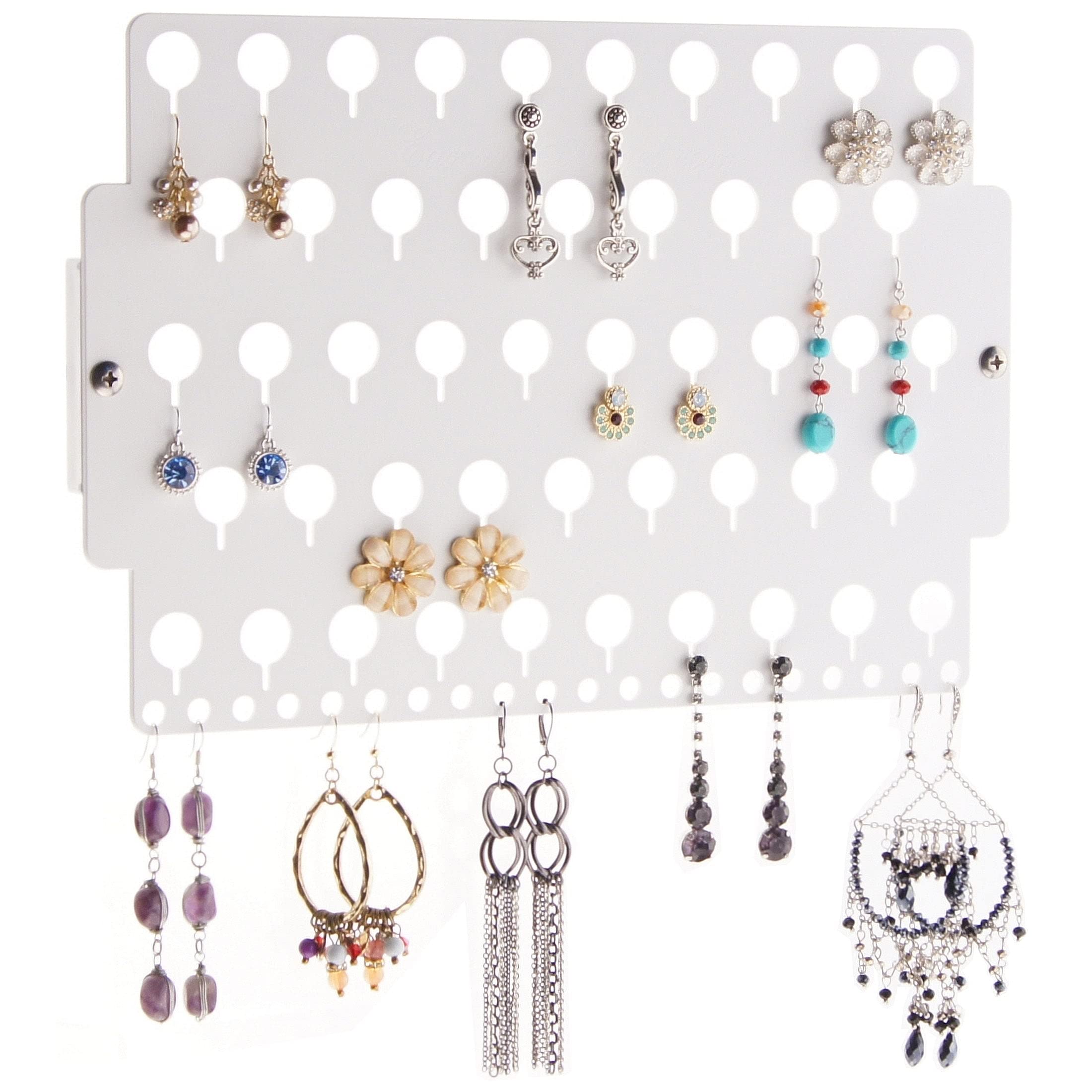 Angelynn's White Wall Mounted Earring Holder Organizer - Jewelry Storage Rack for Post, Stud & Dangle Earrings - Perfect for Bedroom, Closet & Bathroom Organization