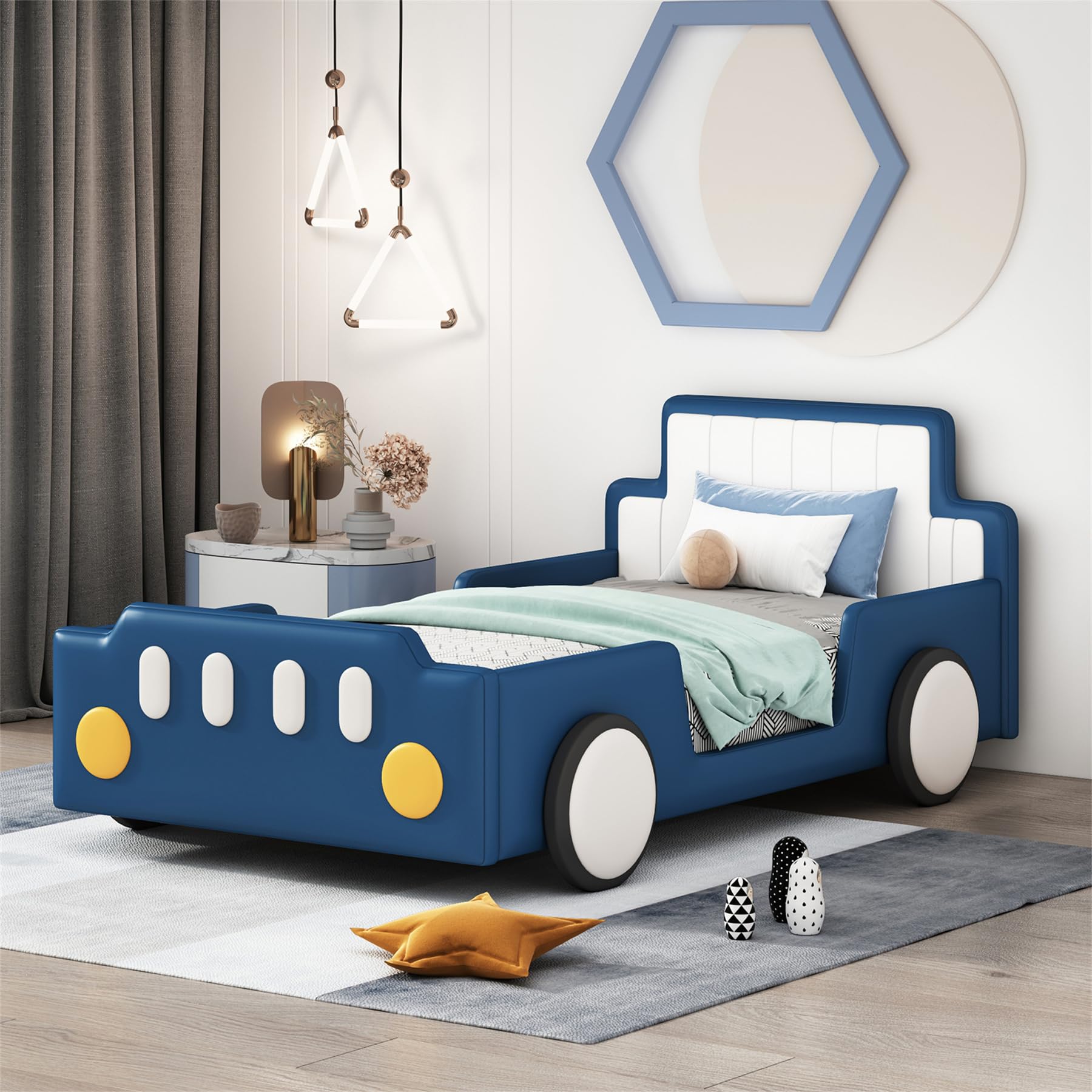 Merax Twin Size Race Car Platform Bed with Wheels - PU Leather Kids Bed Frame for Boys, Twin Size Car Bed with Headboard - Fits Standard Twin Mattress (Mattress Not Included) - Perfect for Kids' Bedroom, Playroom & Themed Decor