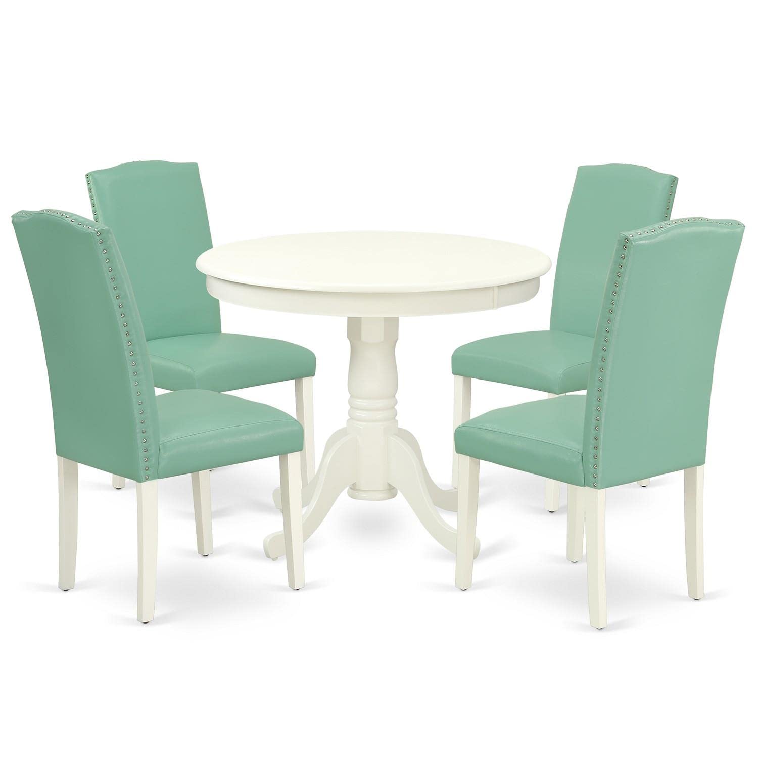 East West Furniture ANEN5-LWH-57 5-Piece Round Dining Table Set with Pedestal Base & 4 Faux Leather Parsons Chairs, 36x36 Inch, Linen White - Perfect for Small Kitchens, Breakfast Nooks & Cozy Dining Spaces