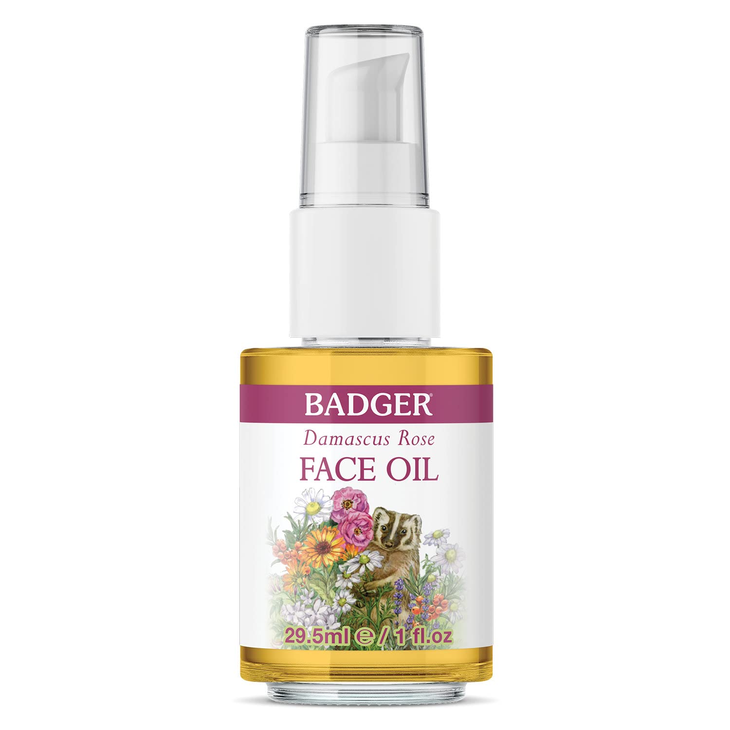 **Badger Rose Face Oil - 100% Organic Moisturizer with Jojoba & Rose Oil, Vegan Antioxidant-Rich Facial Oil for Dry & Sensitive Skin, 1 fl oz Glass Bottle - Perfect for Nighttime Hydration & Daily Skincare Routine**