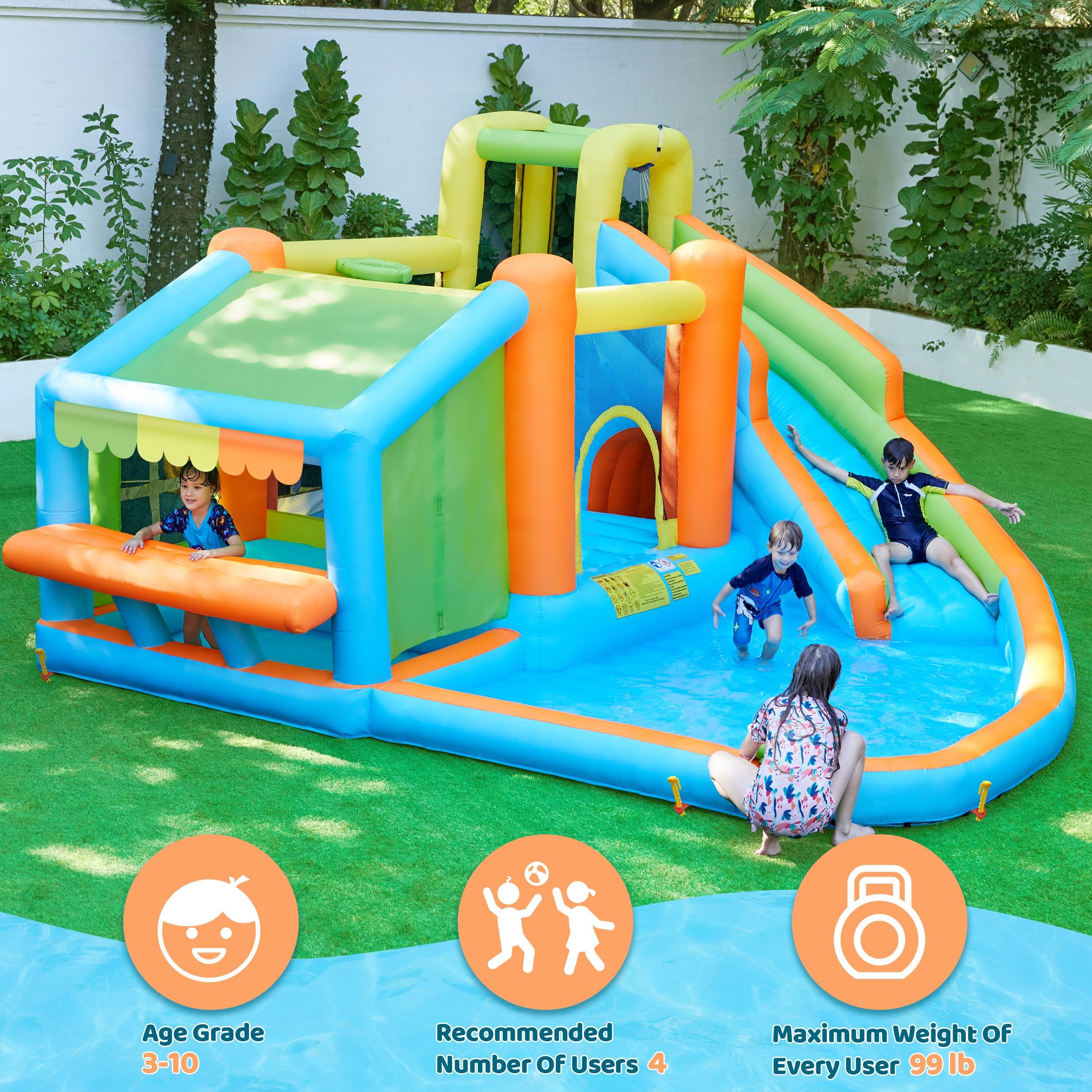 Yaheetech Inflatable Bounce House for Kids Ages 3-10 - Water Bouncer Castle with Splash Pool, Toy Market Stand, Slide & Climbing Wall | Includes 520W Blower & Storage Bag | Perfect for Outdoor Backyard Parties, Birthday Celebrations & Summer Water Play