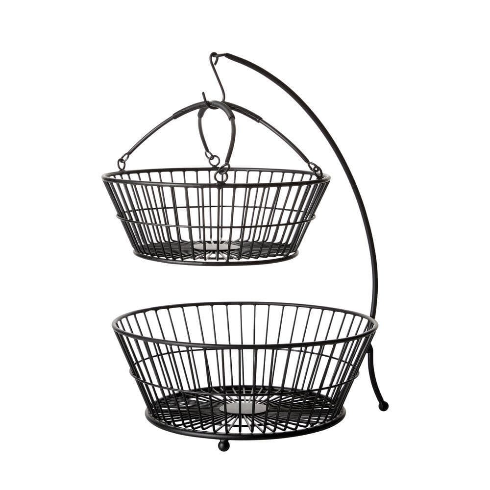 Tully 2-Tier Fruit Storage Basket with Banana Hook - Space Saving Kitchen Organizer for Countertop, Pantry & Dining Table Display